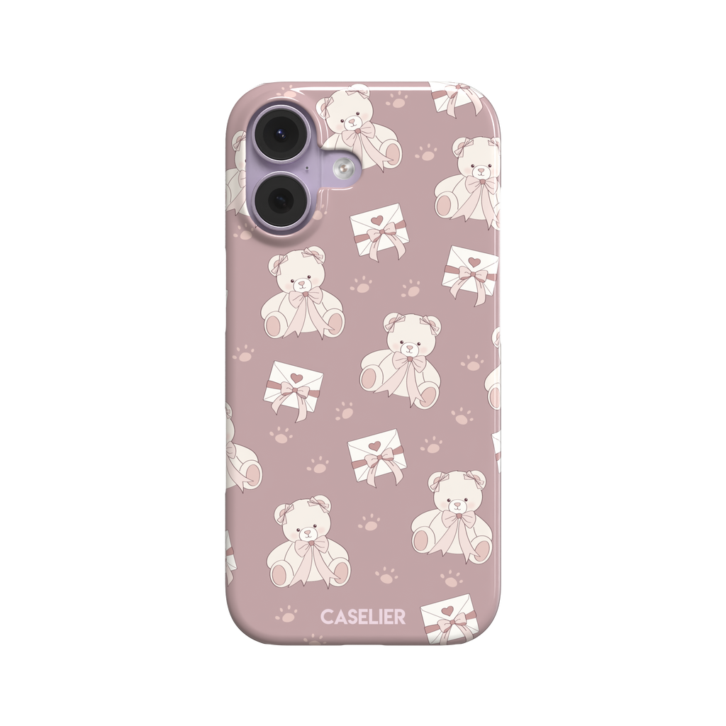 Ted the Teddy phone case in dusty mauve-pink colorway with cream teddy bears, ribbon bows and heart envelope motifs in a coquette repeat pattern, by Caselier — snap case, front view