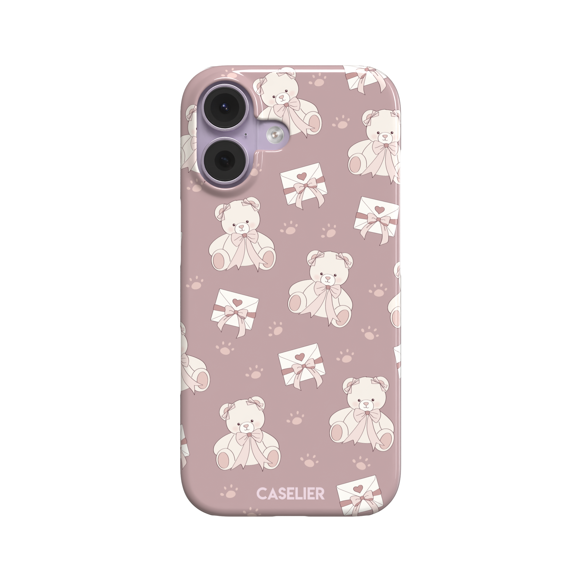 Ted the Teddy phone case in dusty mauve-pink colorway with cream teddy bears, ribbon bows and heart envelope motifs in a coquette repeat pattern, by Caselier — snap case, front view