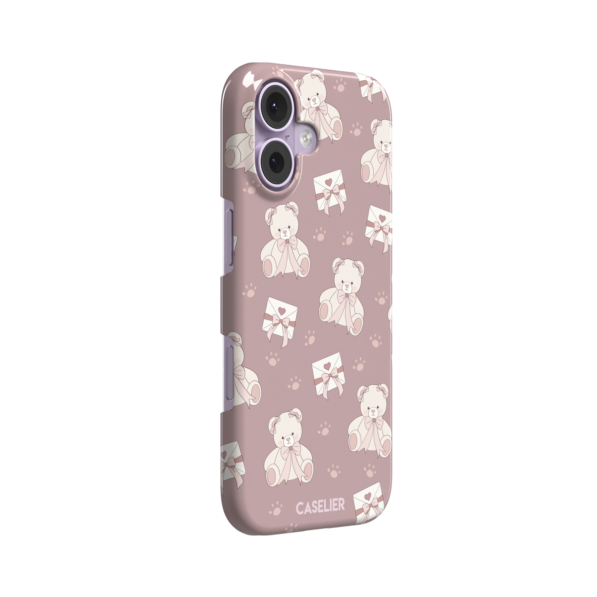 Ted the Teddy phone case in dusty mauve-pink colorway with cream teddy bears, ribbon bows and heart envelope motifs in a coquette repeat pattern, by Caselier — snap case, left view