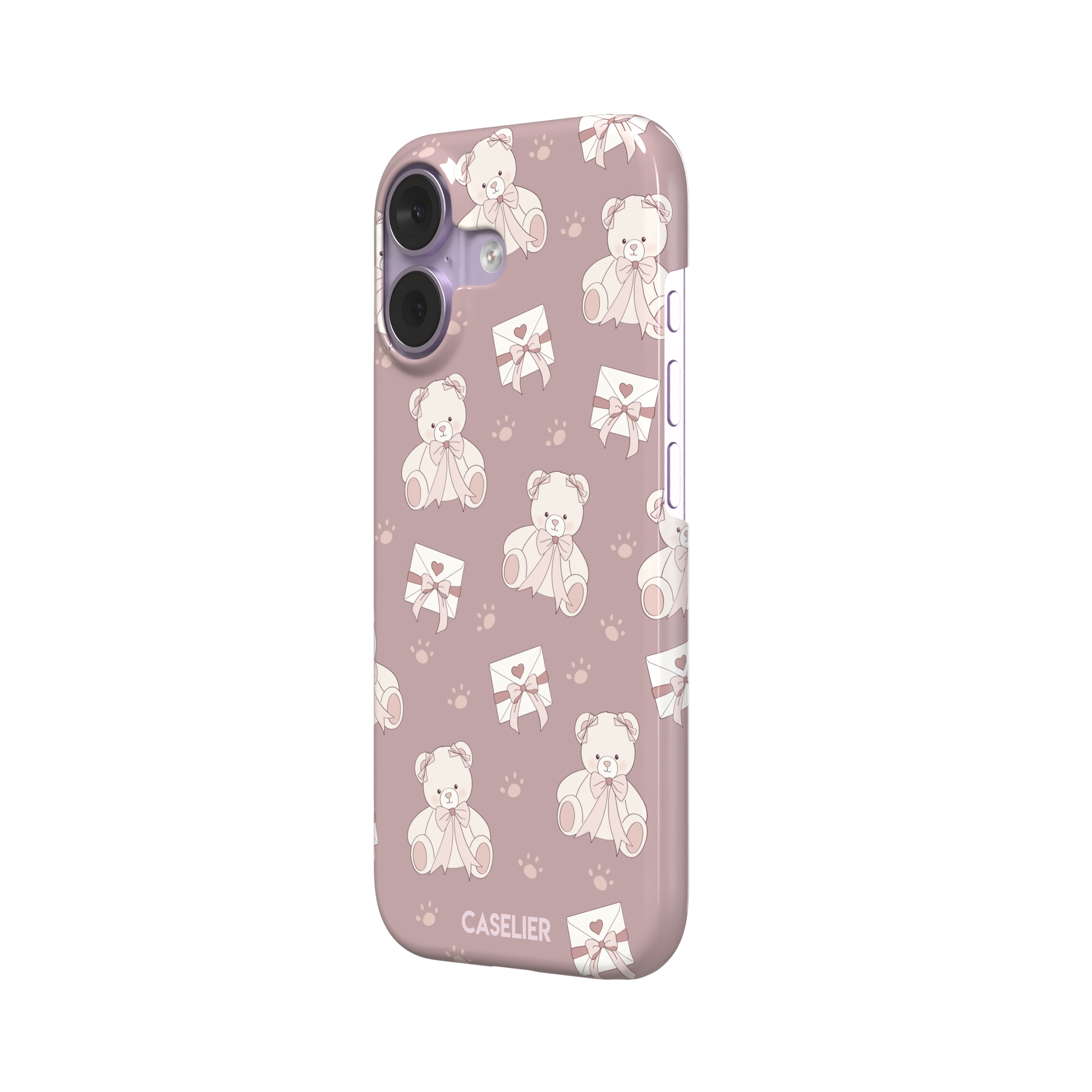 Ted the Teddy phone case in dusty mauve-pink colorway with cream teddy bears, ribbon bows and heart envelope motifs in a coquette repeat pattern, by Caselier — snap case, right view