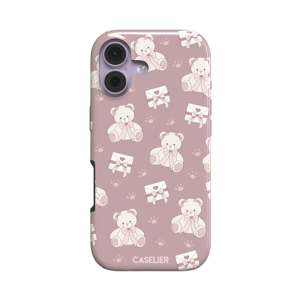Ted the Teddy phone case in dusty mauve-pink colorway with cream teddy bears, ribbon bows and heart envelope motifs in a coquette repeat pattern, by Caselier — tough case, front view