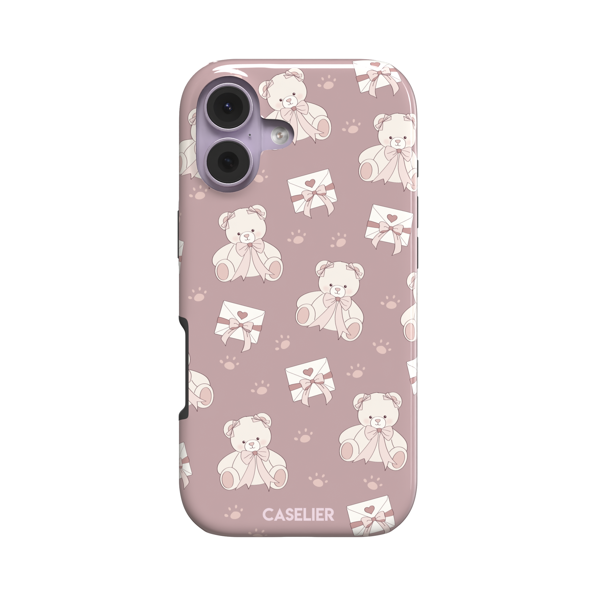 Ted the Teddy phone case in dusty mauve-pink colorway with cream teddy bears, ribbon bows and heart envelope motifs in a coquette repeat pattern, by Caselier — tough case, front view