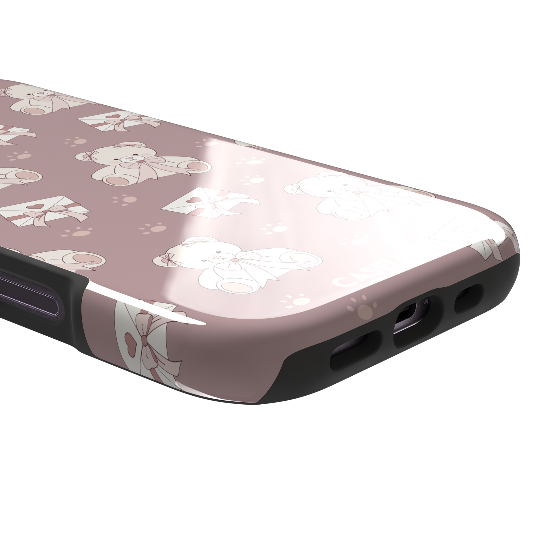 Ted the Teddy phone case in dusty mauve-pink colorway with cream teddy bears, ribbon bows and heart envelope motifs in a coquette repeat pattern, by Caselier — tough case, charging port detail
