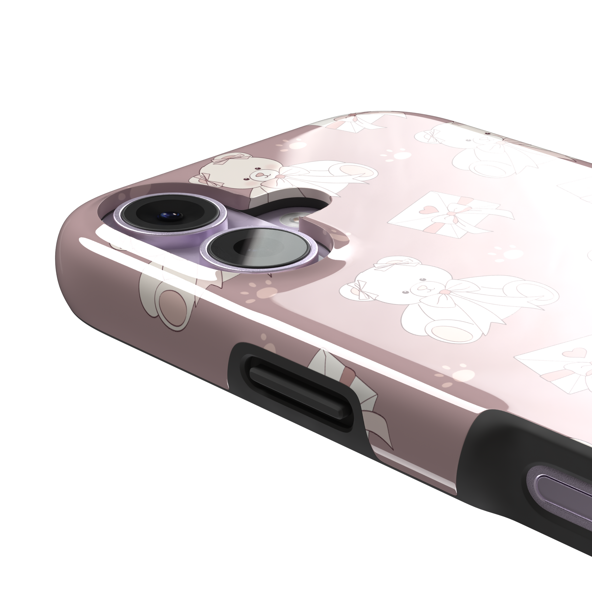 Ted the Teddy phone case in dusty mauve-pink colorway with cream teddy bears, ribbon bows and heart envelope motifs in a coquette repeat pattern, by Caselier — tough case, volume buttons detail