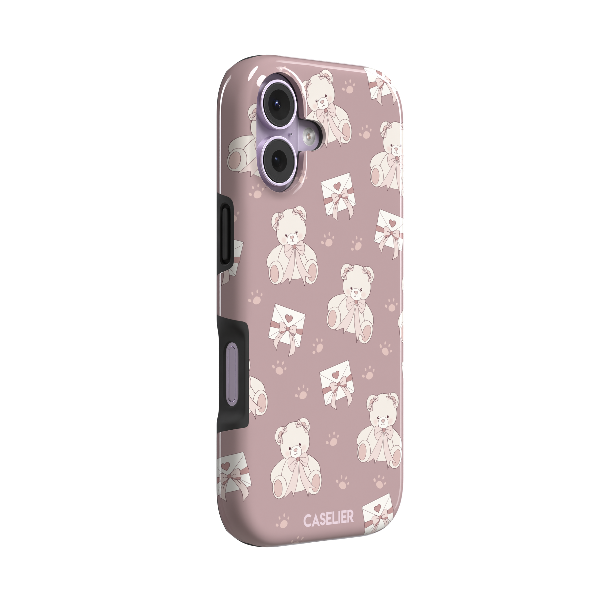 Ted the Teddy phone case in dusty mauve-pink colorway with cream teddy bears, ribbon bows and heart envelope motifs in a coquette repeat pattern, by Caselier — tough case, left view