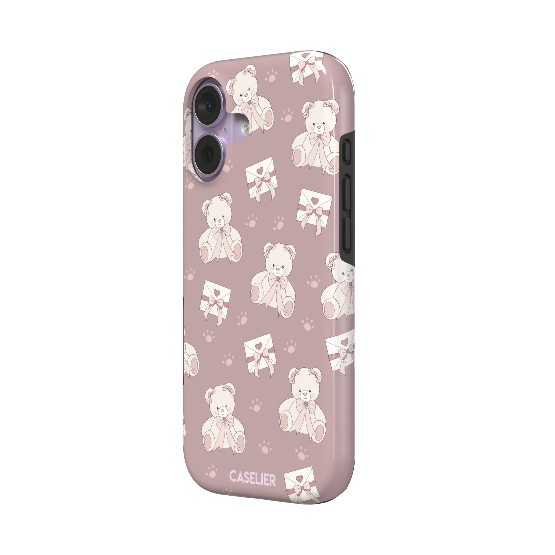 Ted the Teddy phone case in dusty mauve-pink colorway with cream teddy bears, ribbon bows and heart envelope motifs in a coquette repeat pattern, by Caselier — tough case, right view