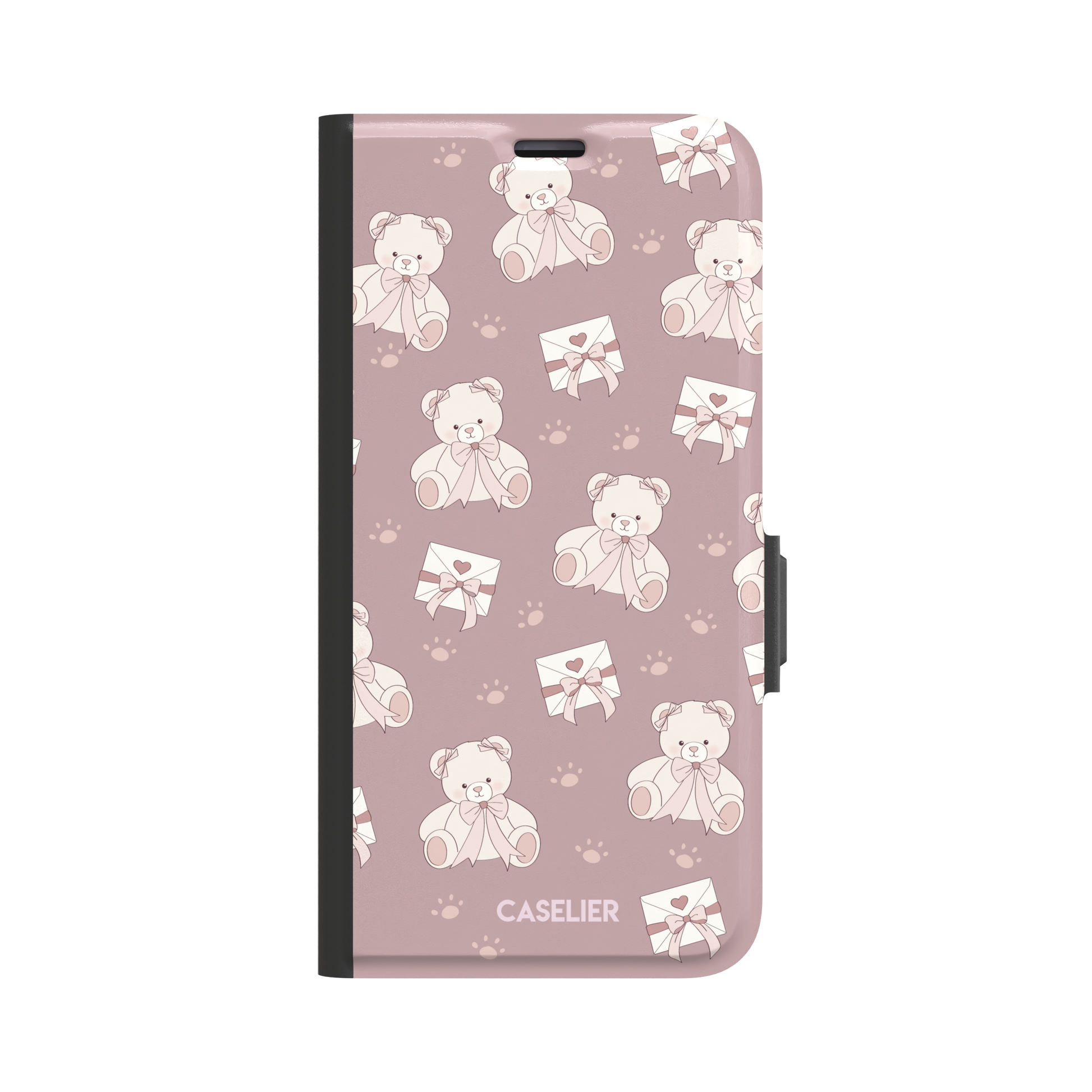 Ted the Teddy phone case in dusty mauve-pink colorway with cream teddy bears, ribbon bows and heart envelope motifs in a coquette repeat pattern, by Caselier — wallet case, front view