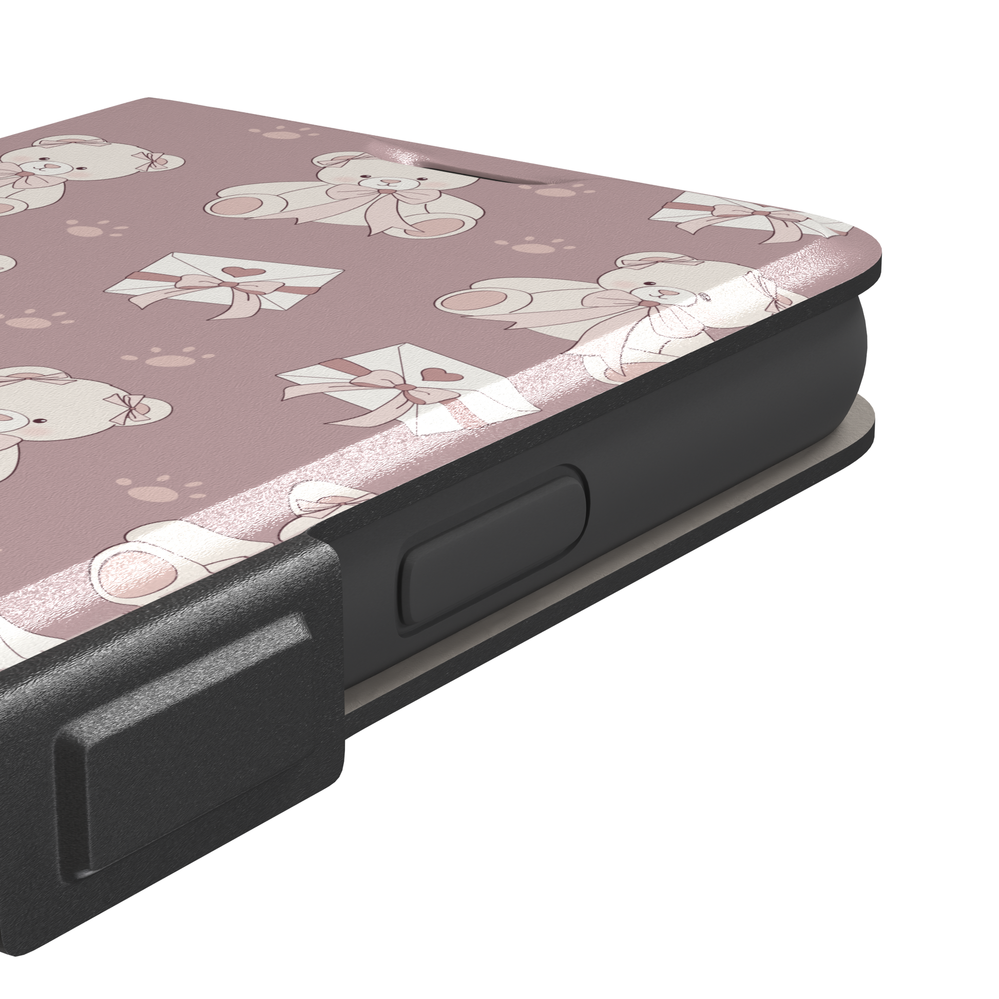 Ted the Teddy phone case in dusty mauve-pink colorway with cream teddy bears, ribbon bows and heart envelope motifs in a coquette repeat pattern, by Caselier — wallet case, volume buttons detail