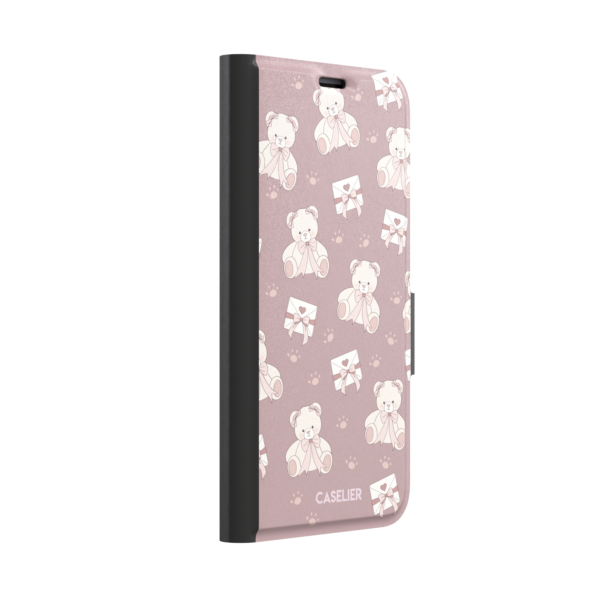 Ted the Teddy phone case in dusty mauve-pink colorway with cream teddy bears, ribbon bows and heart envelope motifs in a coquette repeat pattern, by Caselier — wallet case, left view