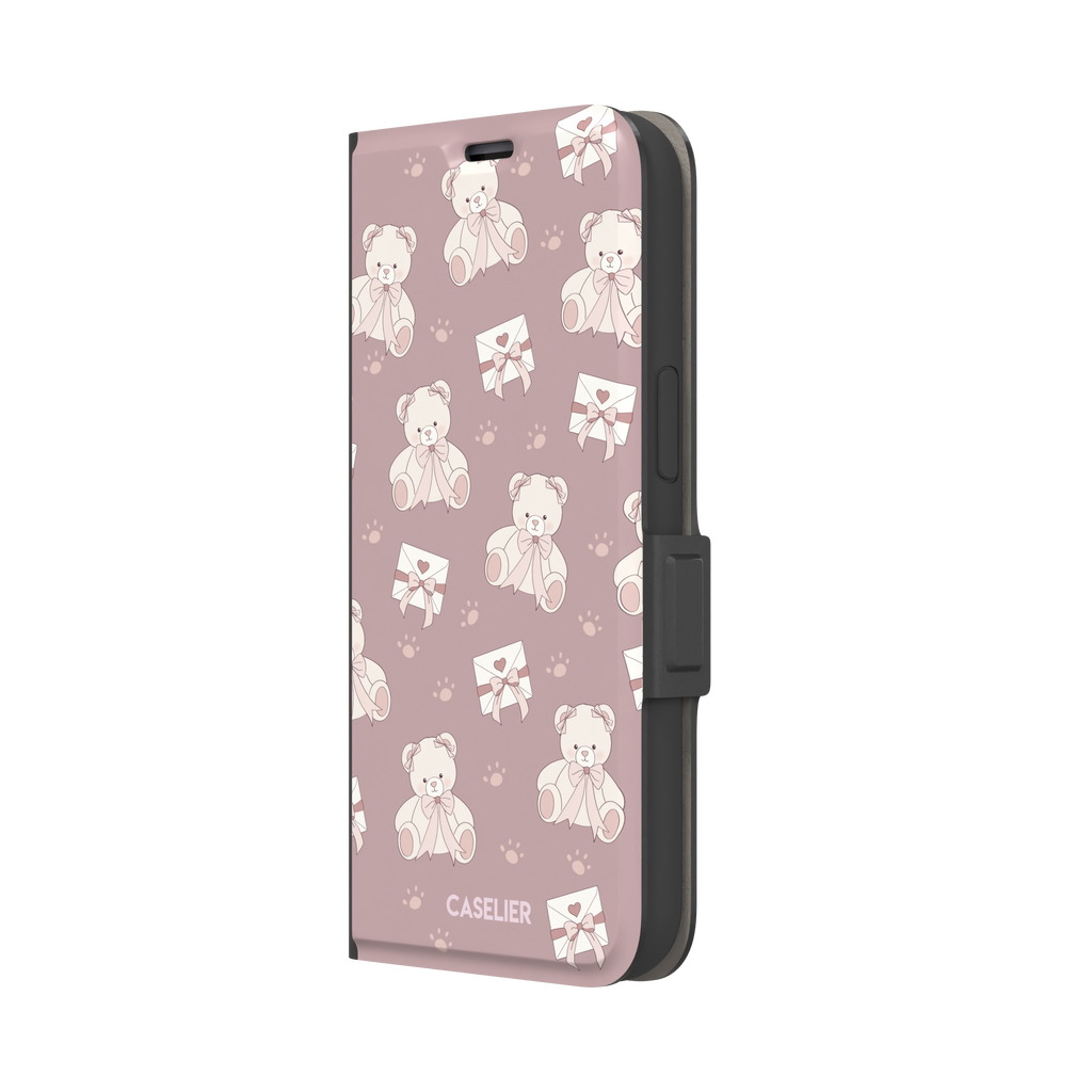 Ted the Teddy phone case in dusty mauve-pink colorway with cream teddy bears, ribbon bows and heart envelope motifs in a coquette repeat pattern, by Caselier — wallet case, right view