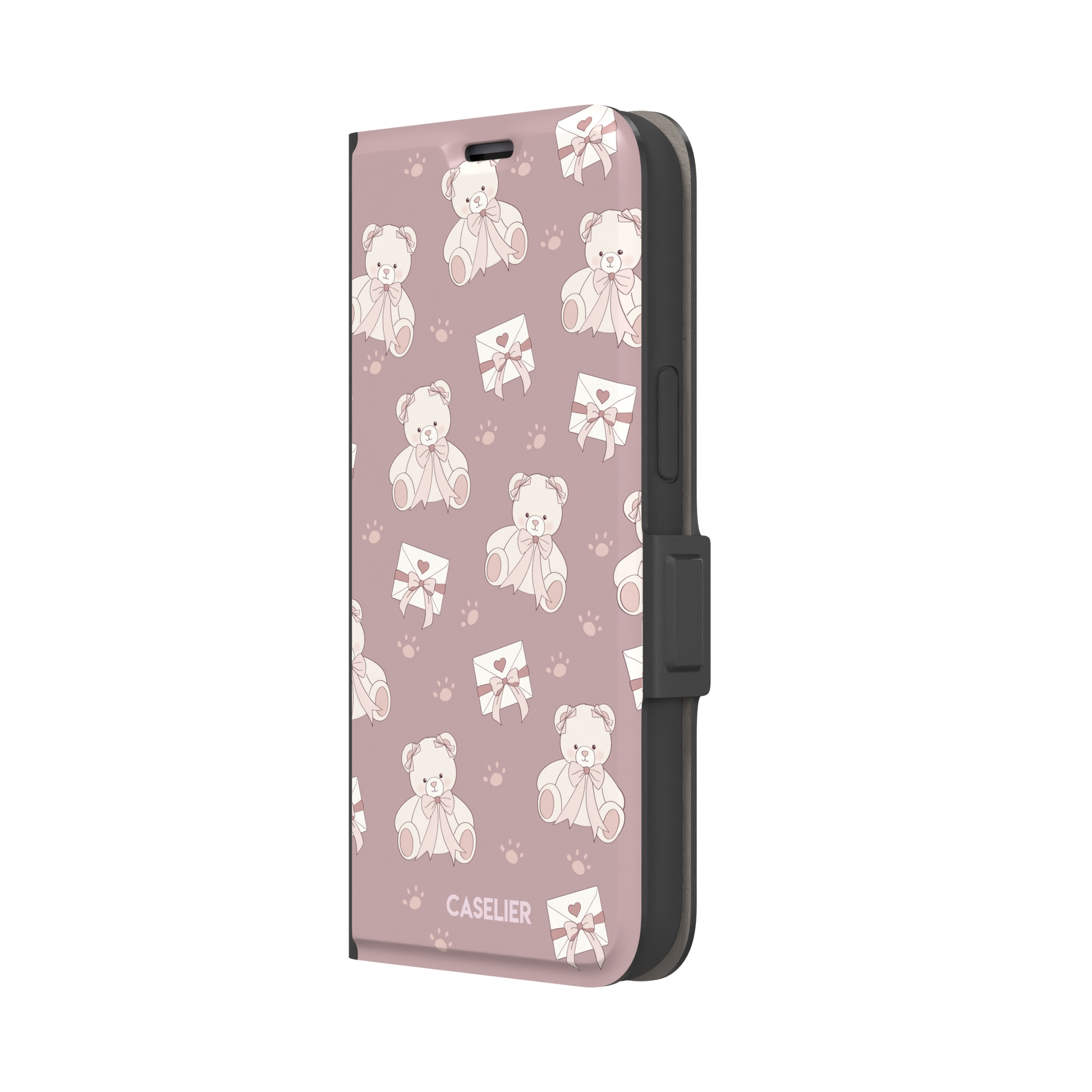 Ted the Teddy phone case in dusty mauve-pink colorway with cream teddy bears, ribbon bows and heart envelope motifs in a coquette repeat pattern, by Caselier — wallet case, right view