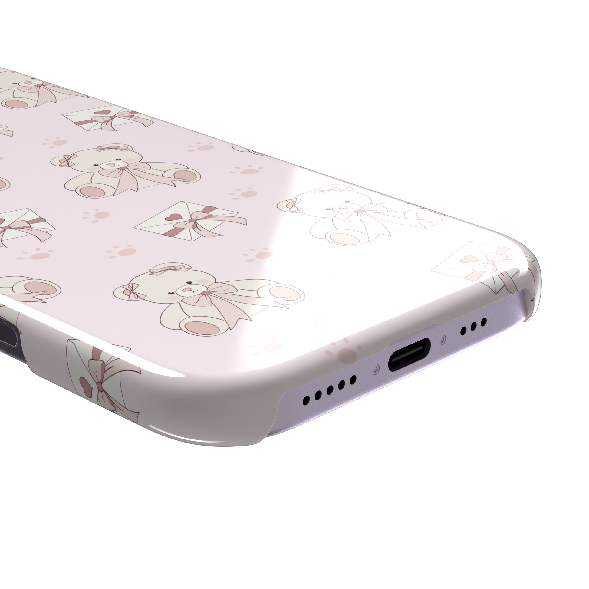 Ted the Teddy phone case in blush pink with cream teddy bears, ribbon bows, love letter envelopes and paw prints in a coquette repeat pattern, by Caselier — snap case, charging port detail