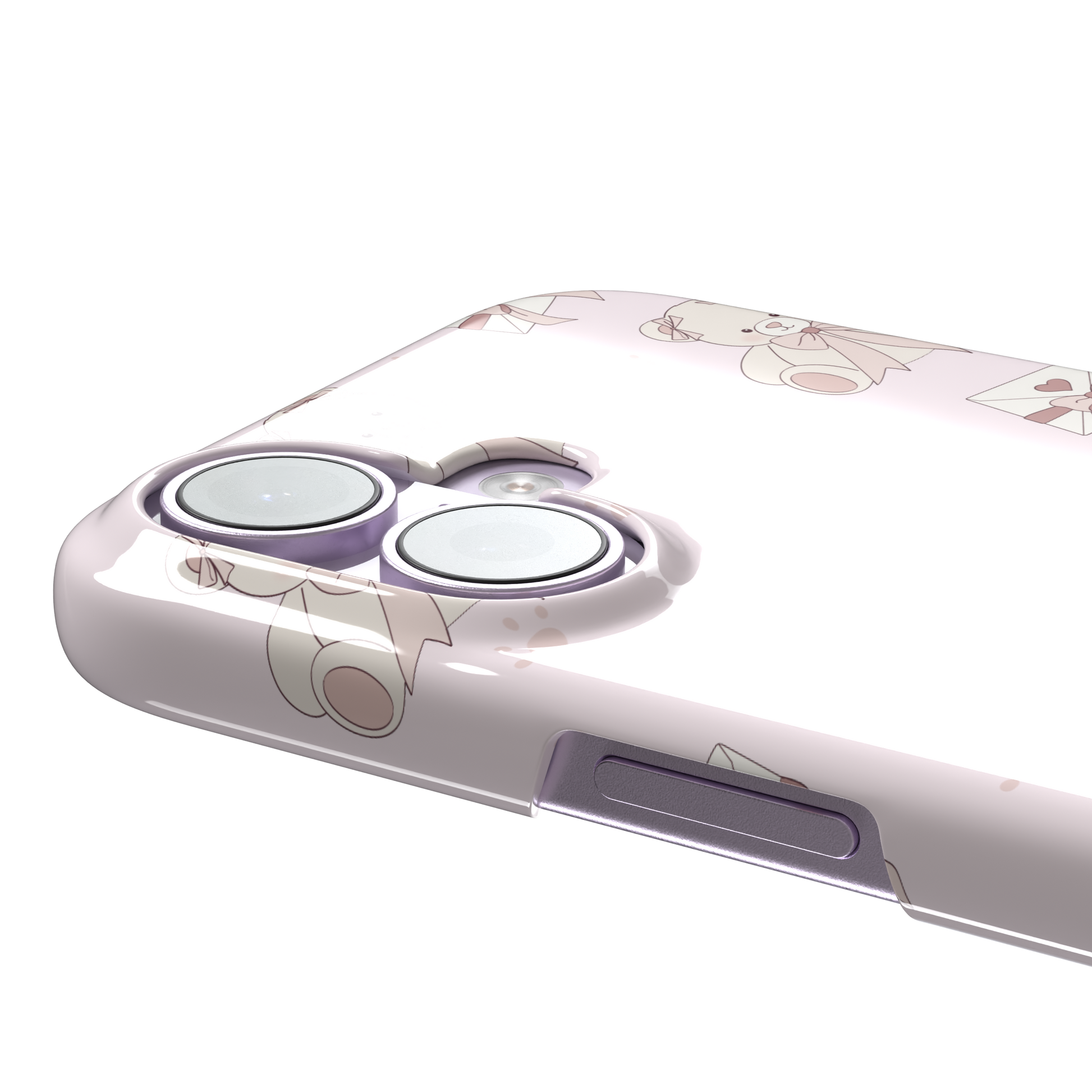 Ted the Teddy phone case in blush pink with cream teddy bears, ribbon bows, love letter envelopes and paw prints in a coquette repeat pattern, by Caselier — snap case, volume buttons detail