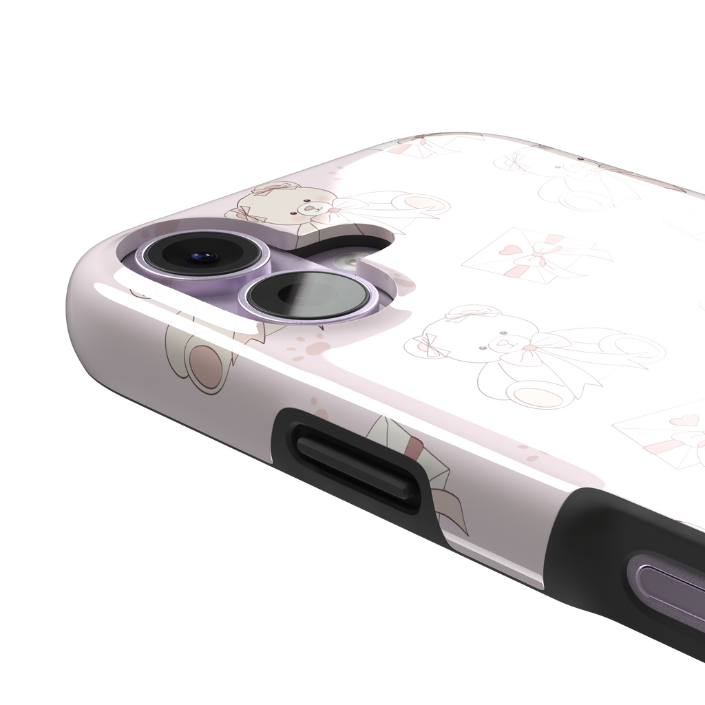 Ted the Teddy phone case in blush pink with cream teddy bears, ribbon bows, love letter envelopes and paw prints in a coquette repeat pattern, by Caselier — tough case, volume buttons detail