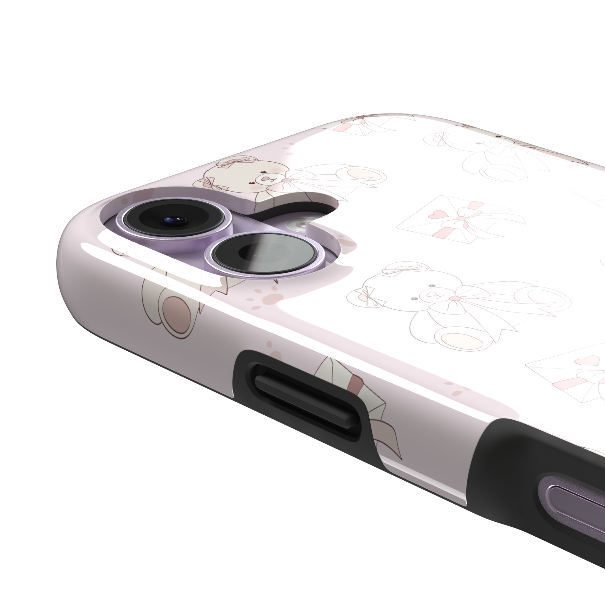 Ted the Teddy phone case in blush pink with cream teddy bears, ribbon bows, love letter envelopes and paw prints in a coquette repeat pattern, by Caselier — tough case, volume buttons detail
