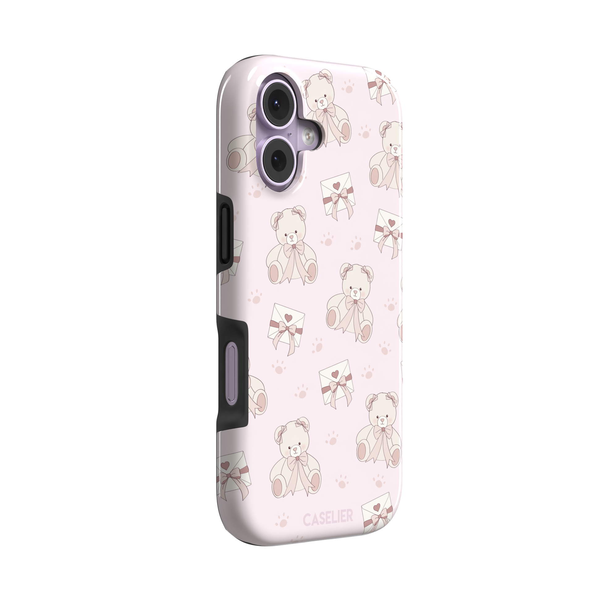 Ted the Teddy phone case in blush pink with cream teddy bears, ribbon bows, love letter envelopes and paw prints in a coquette repeat pattern, by Caselier — tough case, left view