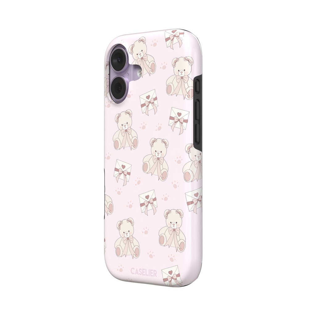 Ted the Teddy phone case in blush pink with cream teddy bears, ribbon bows, love letter envelopes and paw prints in a coquette repeat pattern, by Caselier — tough case, right view