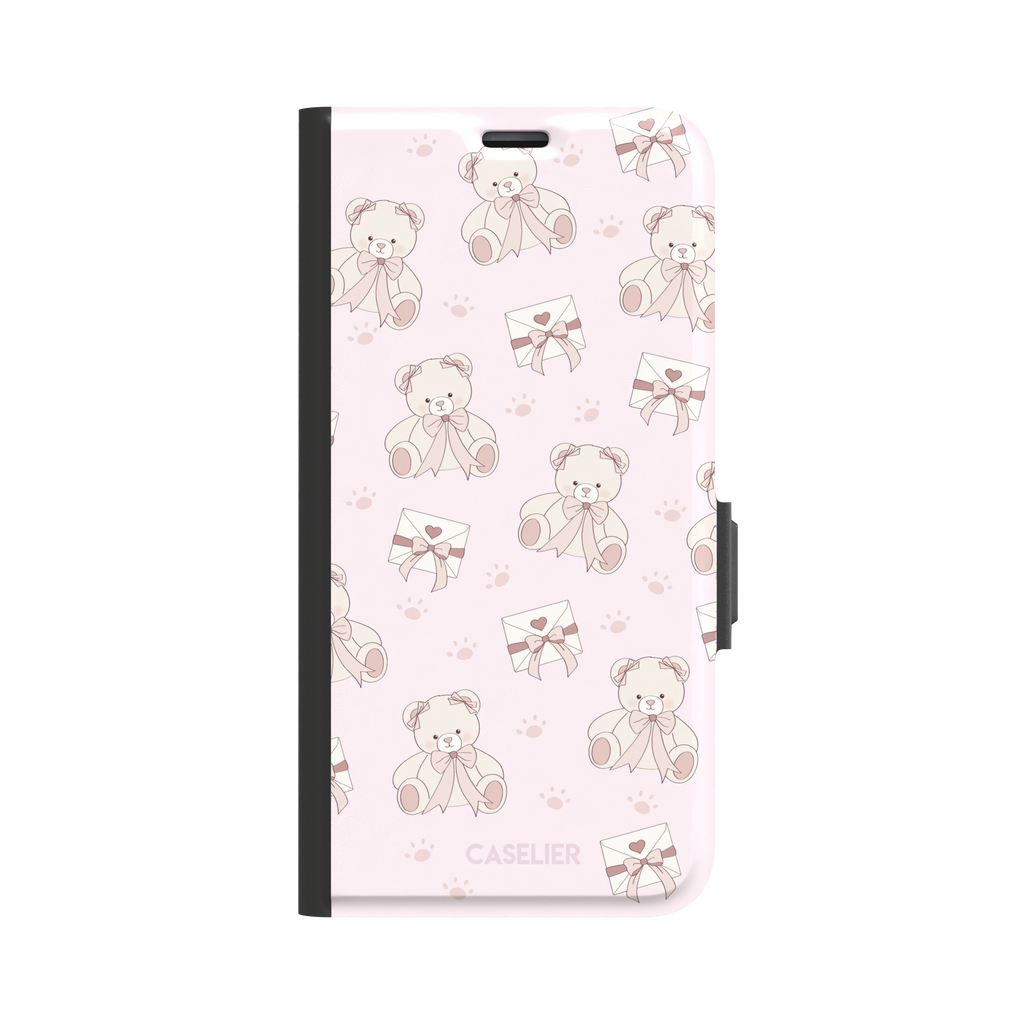 Ted the Teddy phone case in blush pink with cream teddy bears, ribbon bows, love letter envelopes and paw prints in a coquette repeat pattern, by Caselier — wallet case, front view