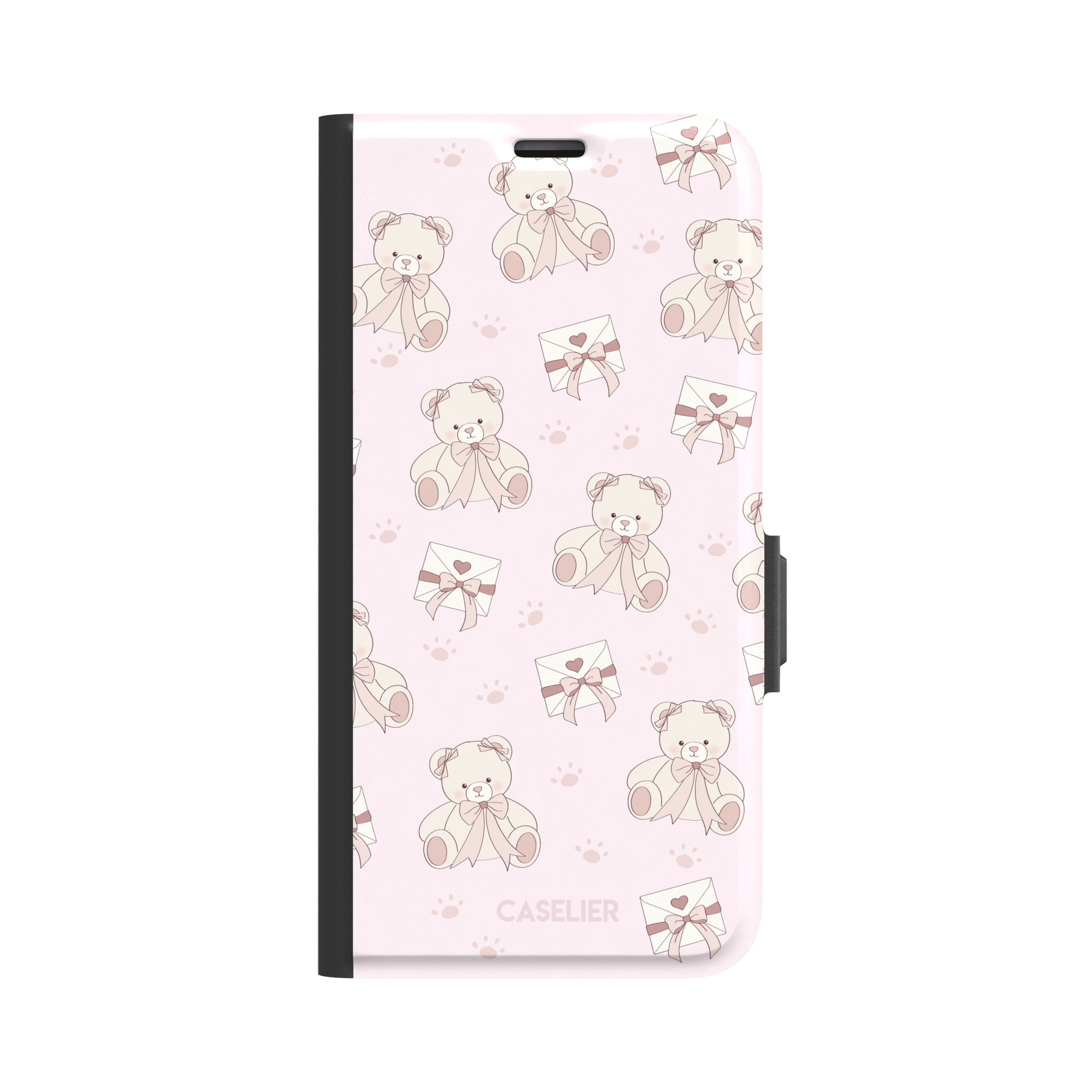 Ted the Teddy phone case in blush pink with cream teddy bears, ribbon bows, love letter envelopes and paw prints in a coquette repeat pattern, by Caselier — wallet case, front view