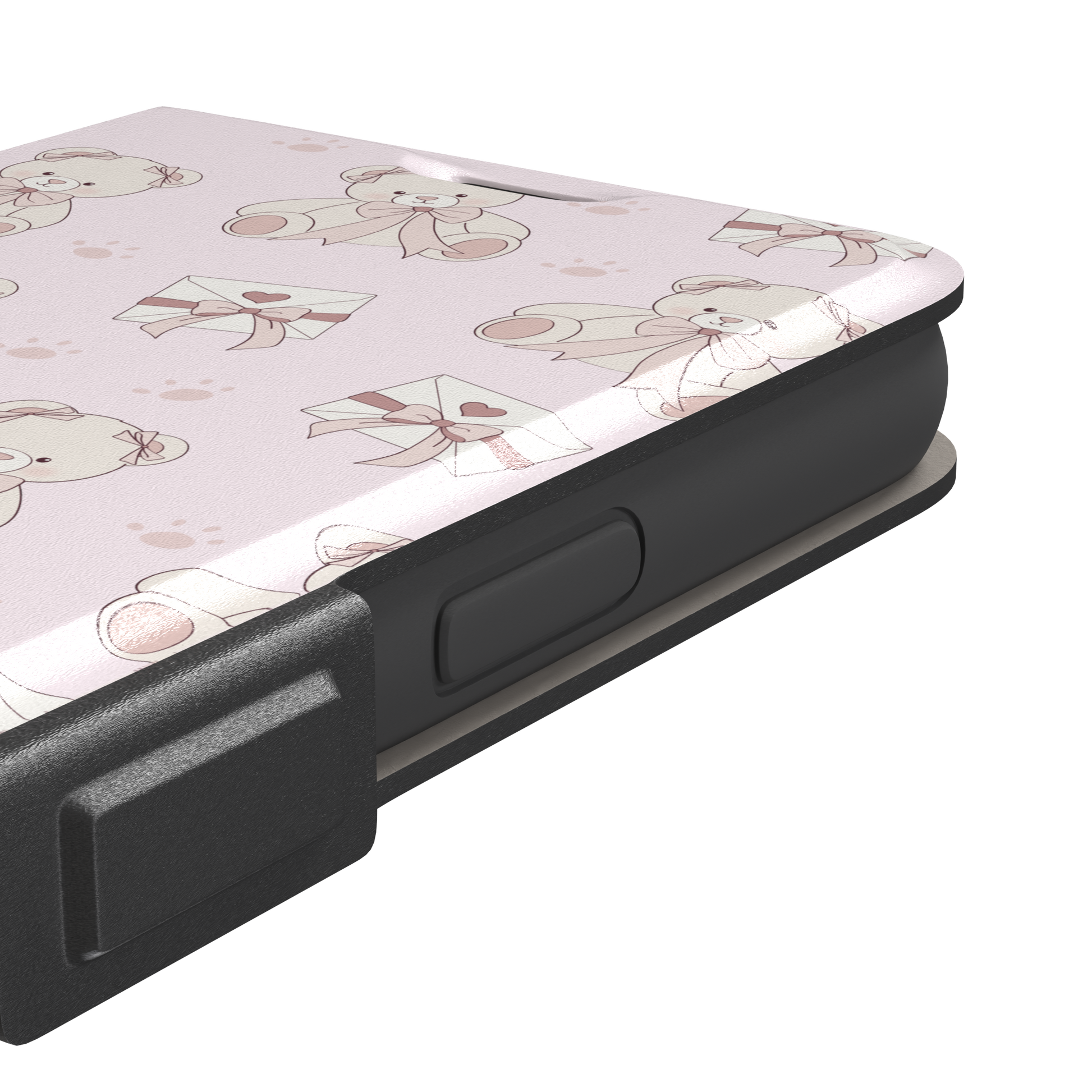 Ted the Teddy phone case in blush pink with cream teddy bears, ribbon bows, love letter envelopes and paw prints in a coquette repeat pattern, by Caselier — wallet case, volume buttons detail