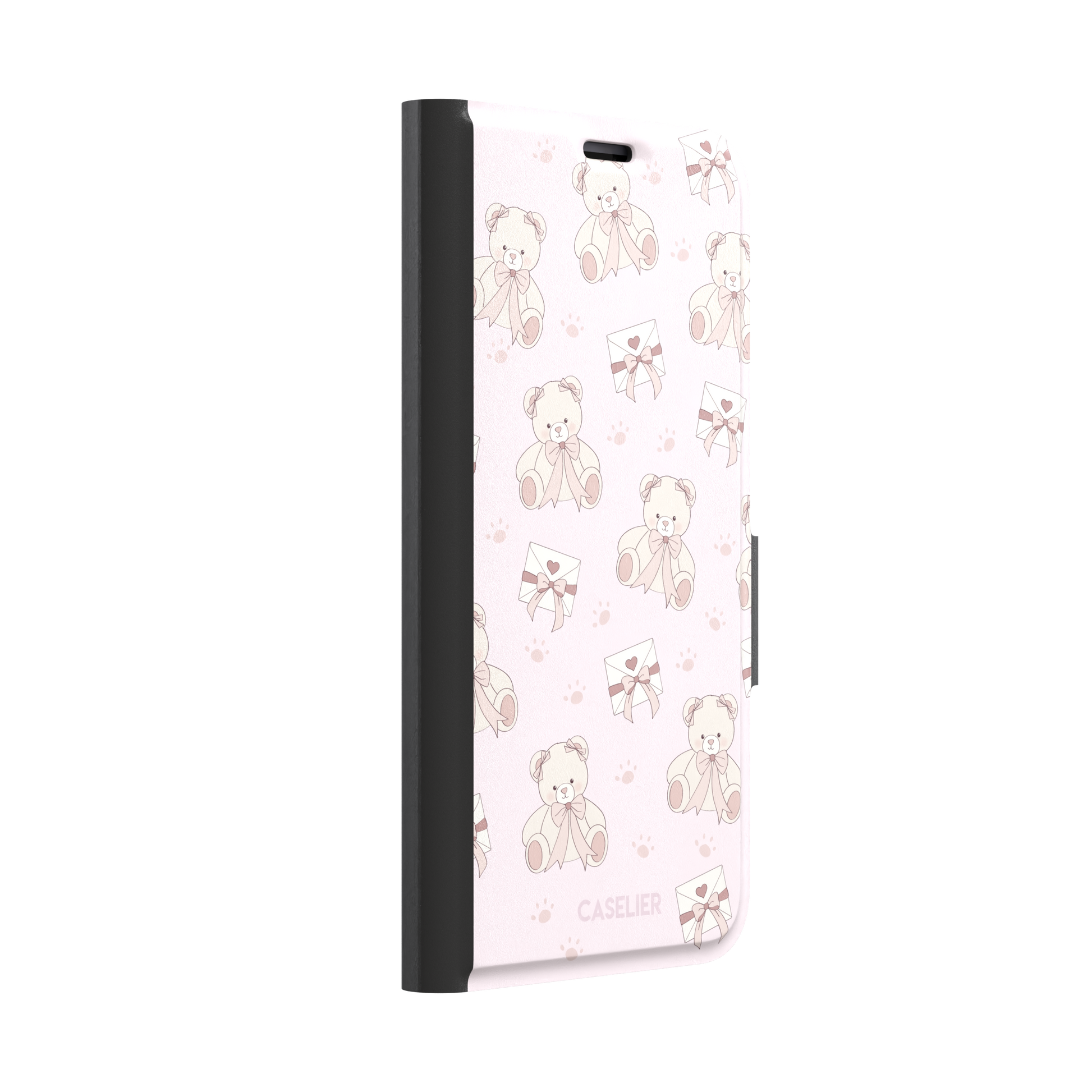 Ted the Teddy phone case in blush pink with cream teddy bears, ribbon bows, love letter envelopes and paw prints in a coquette repeat pattern, by Caselier — wallet case, left view