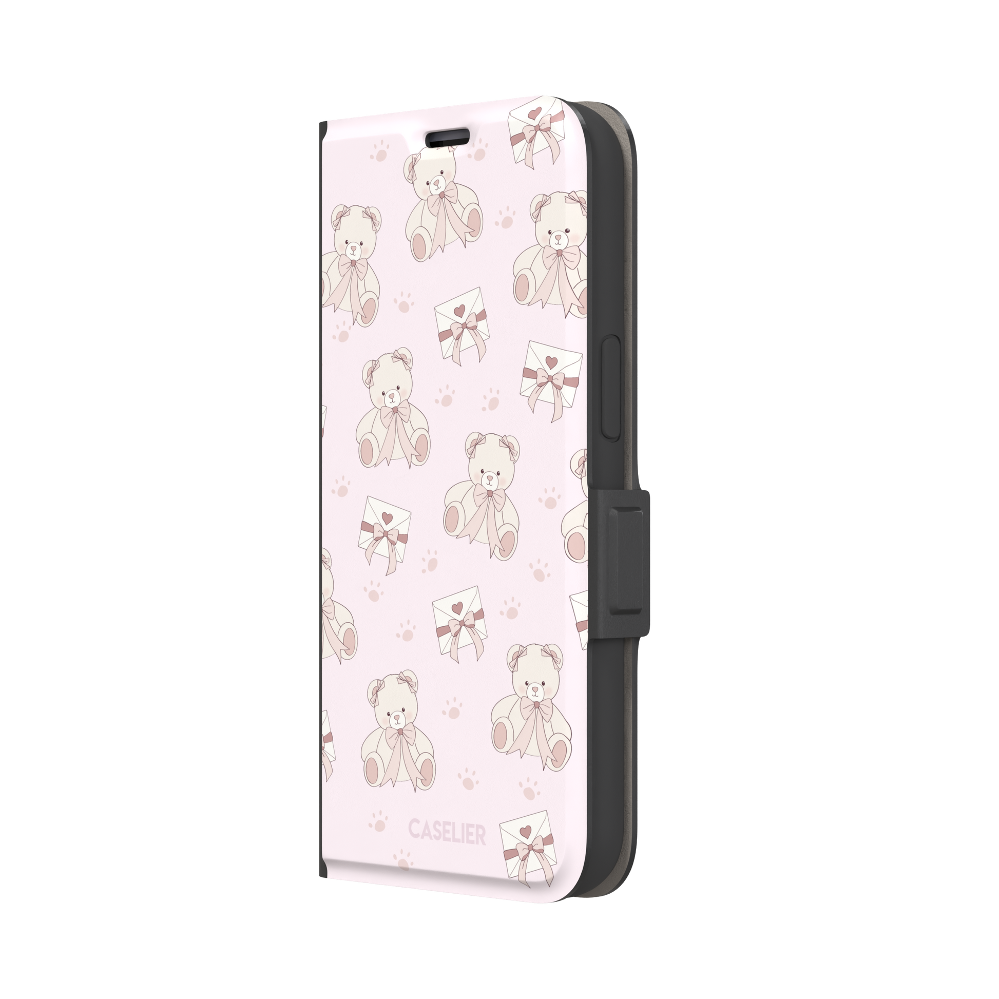 Ted the Teddy phone case in blush pink with cream teddy bears, ribbon bows, love letter envelopes and paw prints in a coquette repeat pattern, by Caselier — wallet case, right view