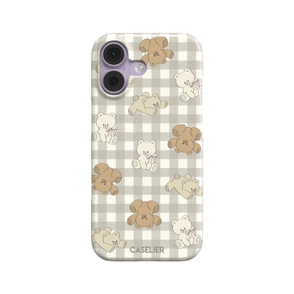 Teddybears phone case in a grey-toned gingham variant with beige and ivory illustrated teddy bears and pink bow details — snap case, front view
