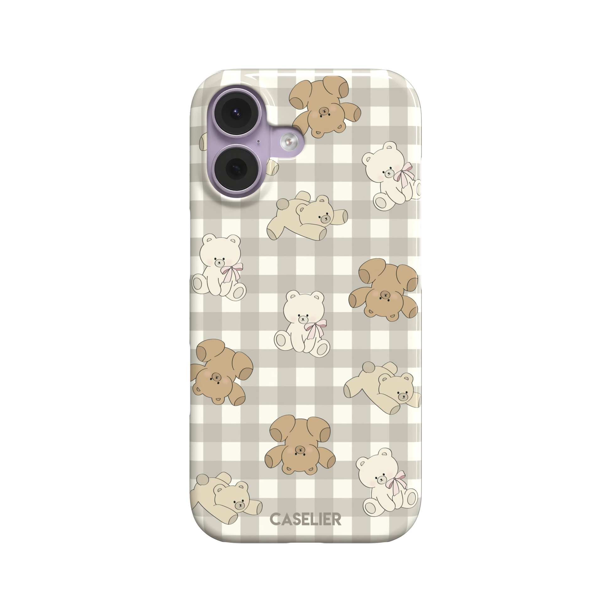 Teddybears phone case in a grey-toned gingham variant with beige and ivory illustrated teddy bears and pink bow details — snap case, front view