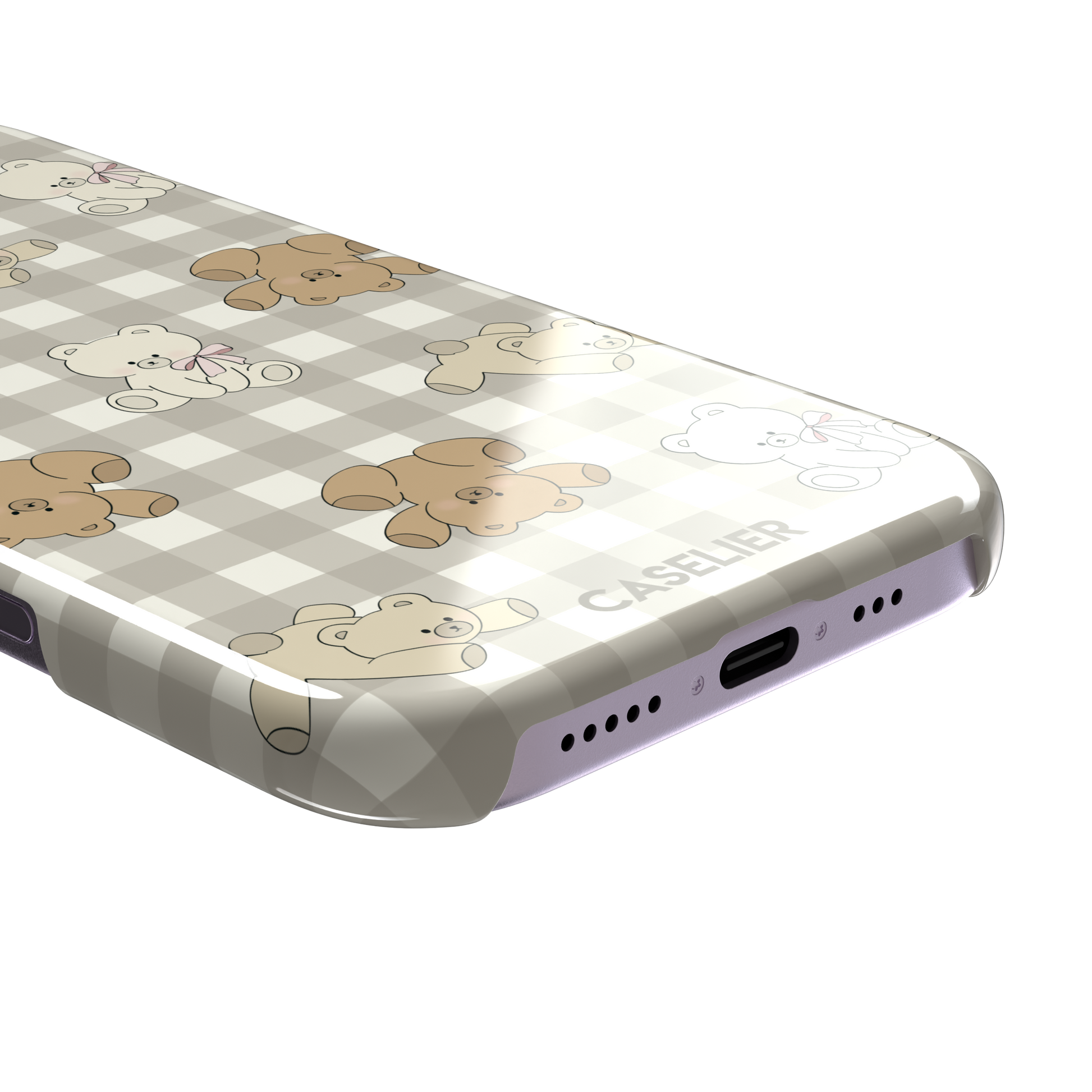 Teddybears phone case in a grey-toned gingham variant with beige and ivory illustrated teddy bears and pink bow details — snap case, charging port detail