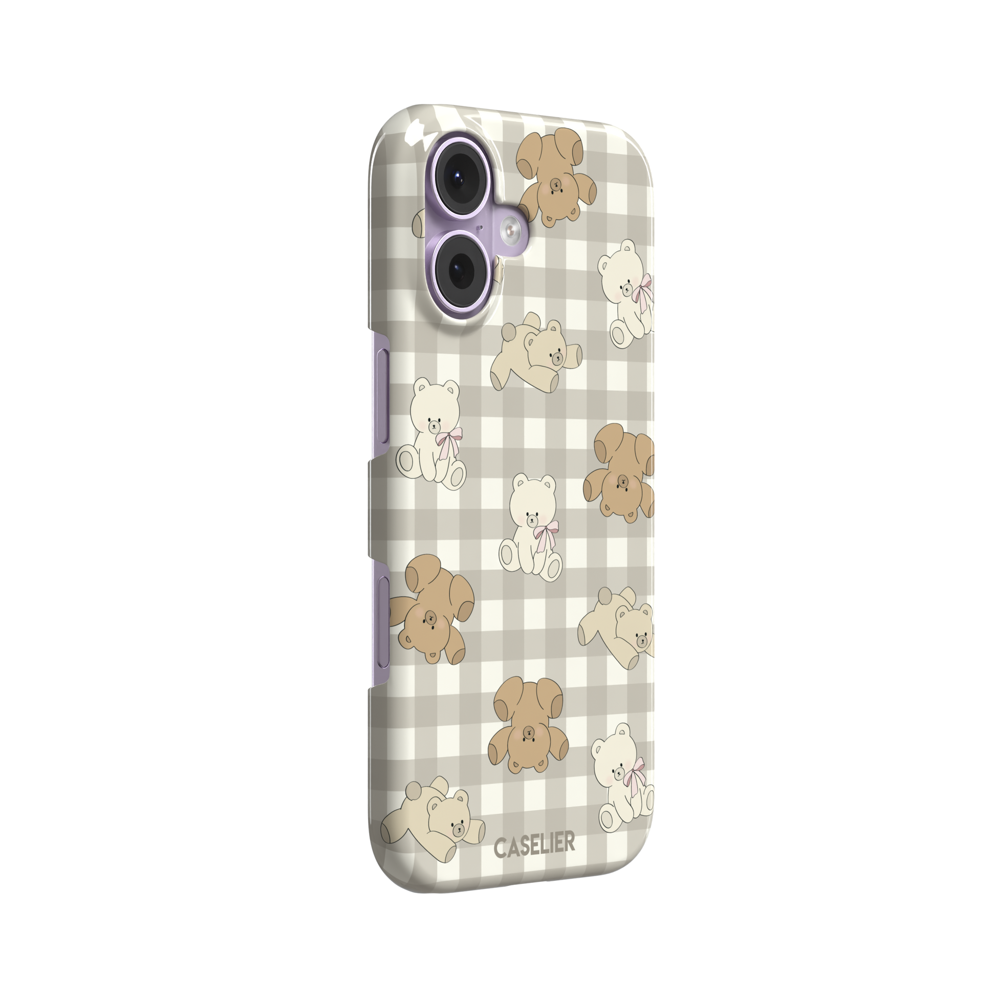 Teddybears phone case in a grey-toned gingham variant with beige and ivory illustrated teddy bears and pink bow details — snap case, left view
