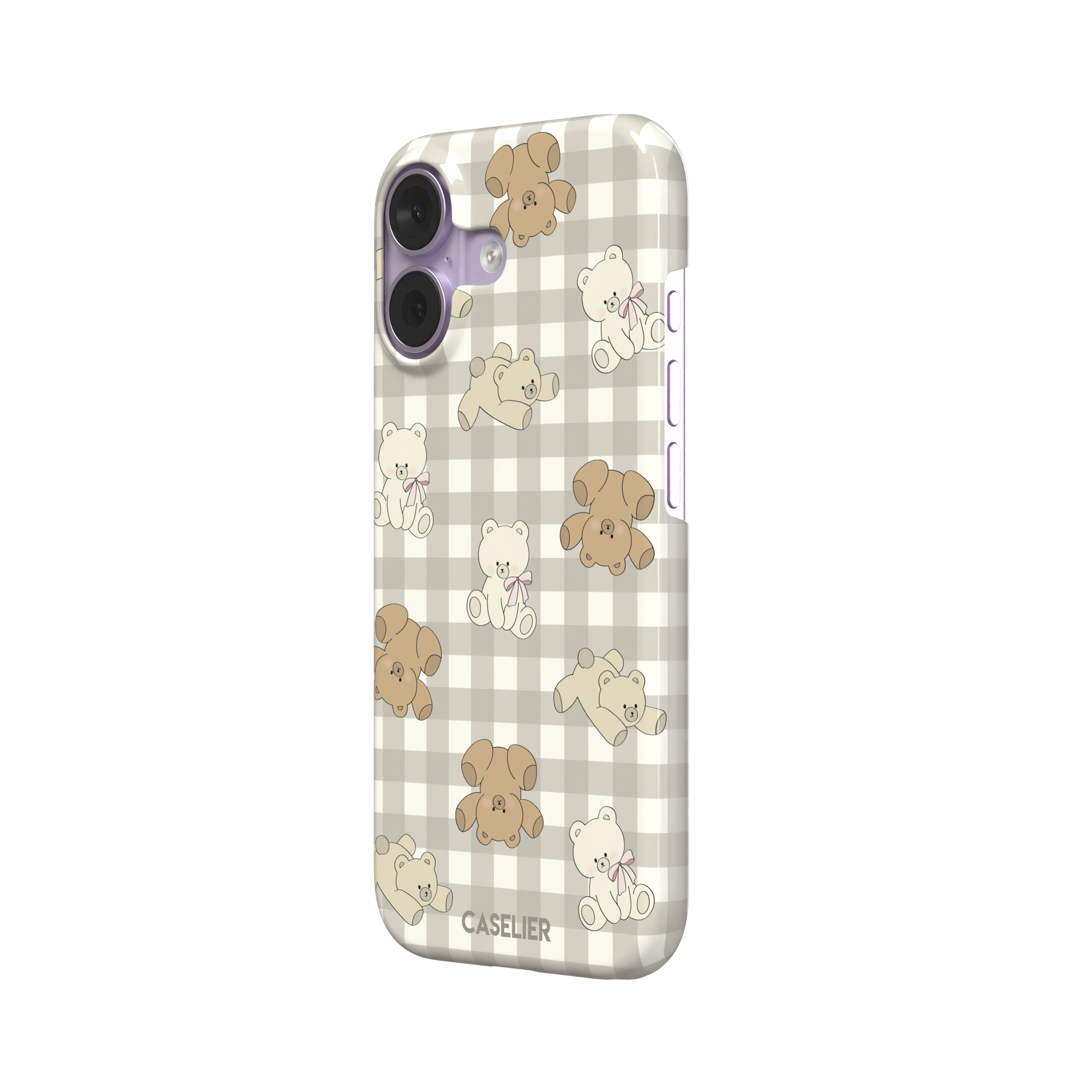 Teddybears phone case in a grey-toned gingham variant with beige and ivory illustrated teddy bears and pink bow details — snap case, right view