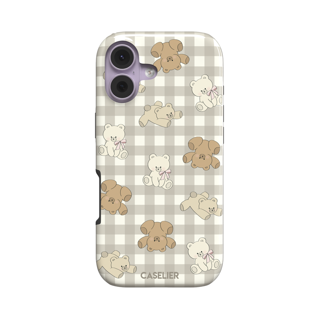 Teddybears phone case in a grey-toned gingham variant with beige and ivory illustrated teddy bears and pink bow details — tough case, front view