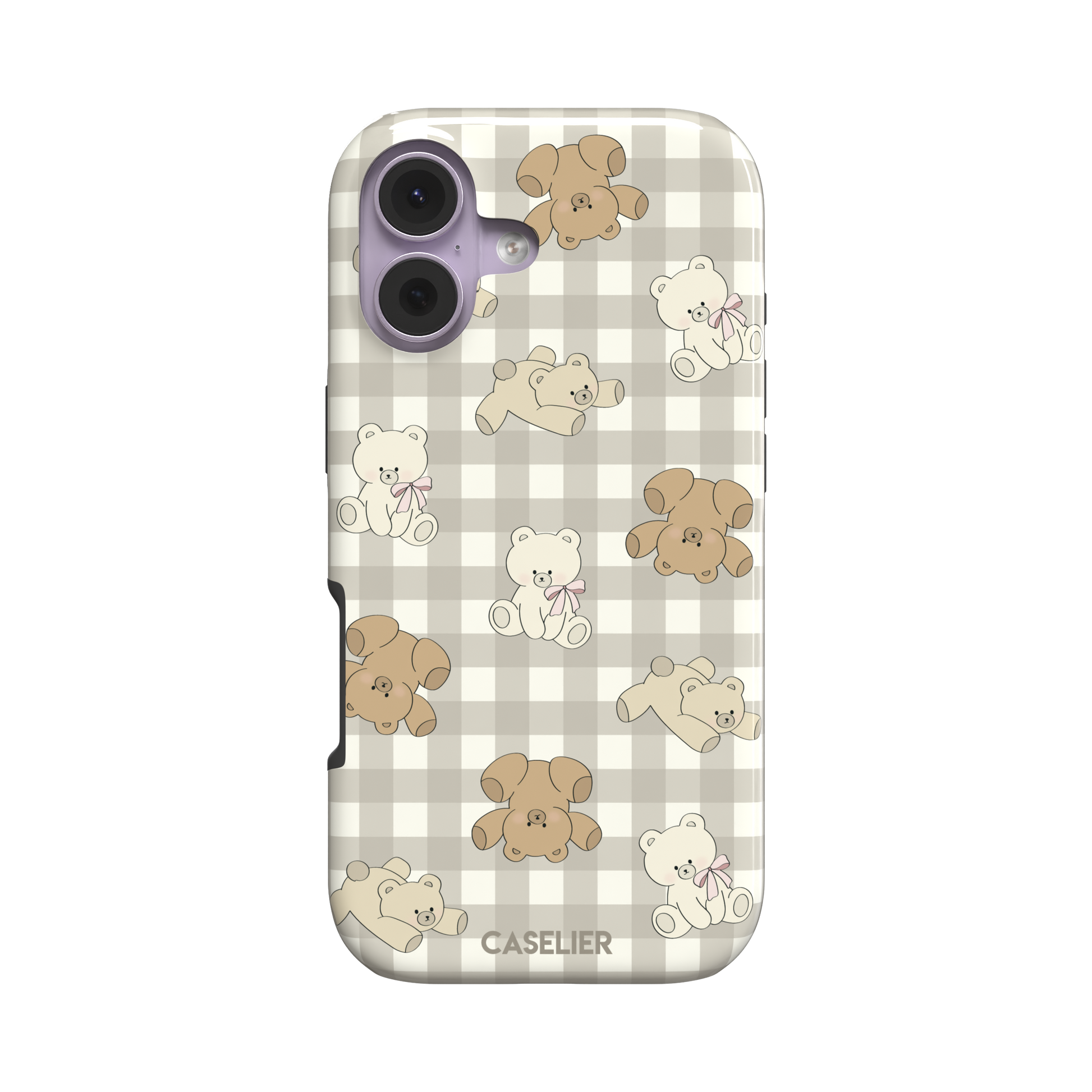 Teddybears phone case in a grey-toned gingham variant with beige and ivory illustrated teddy bears and pink bow details — tough case, front view