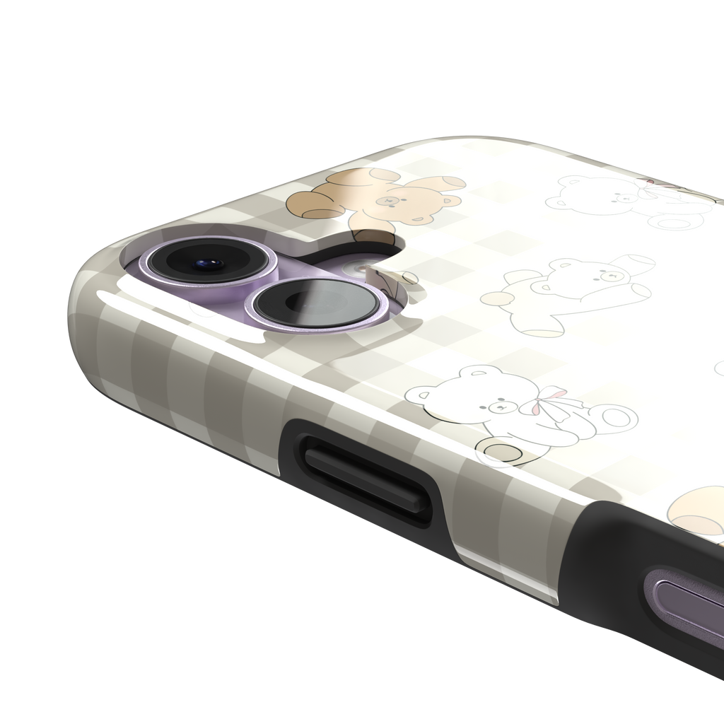Teddybears phone case in a grey-toned gingham variant with beige and ivory illustrated teddy bears and pink bow details — tough case, volume buttons detail