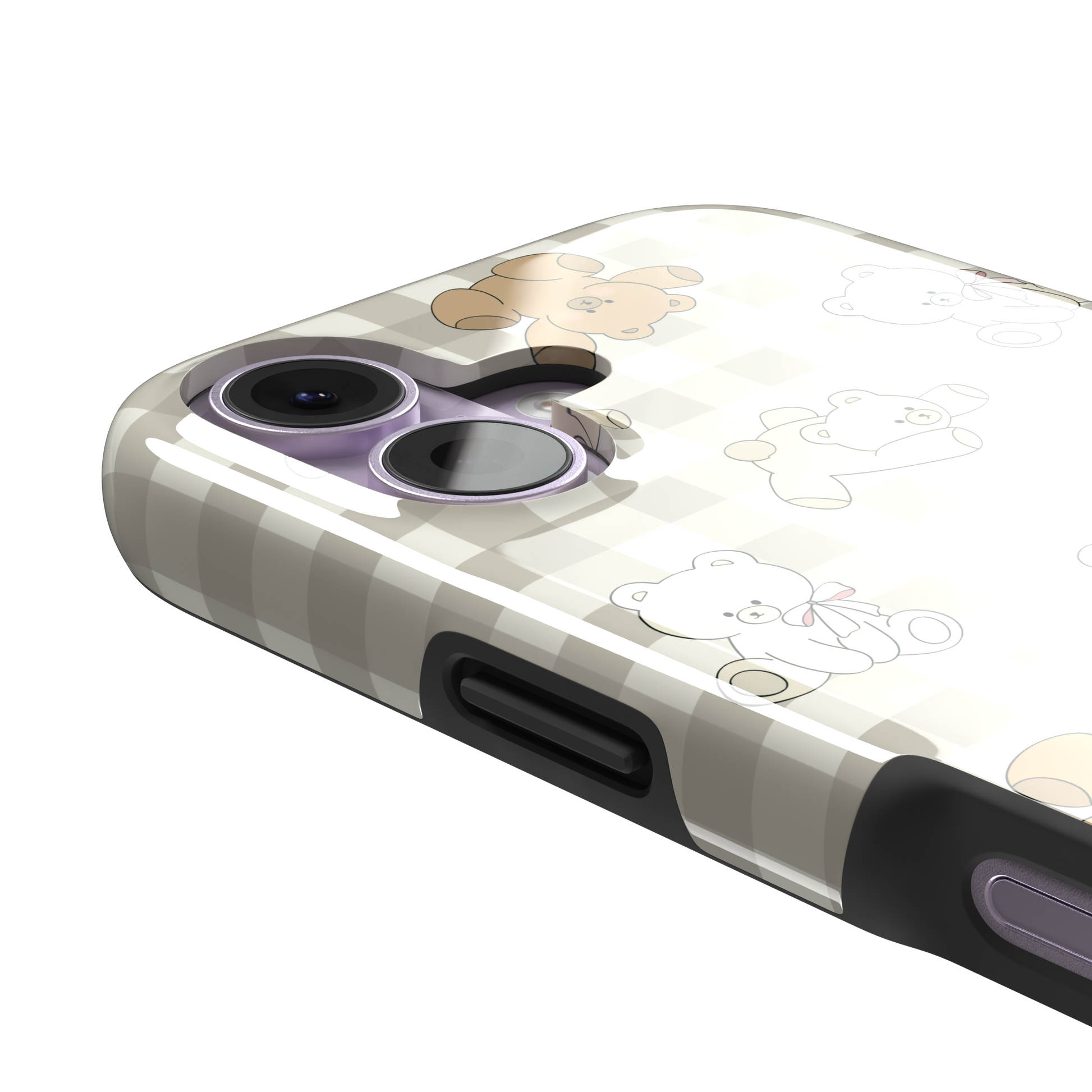 Teddybears phone case in a grey-toned gingham variant with beige and ivory illustrated teddy bears and pink bow details — tough case, volume buttons detail