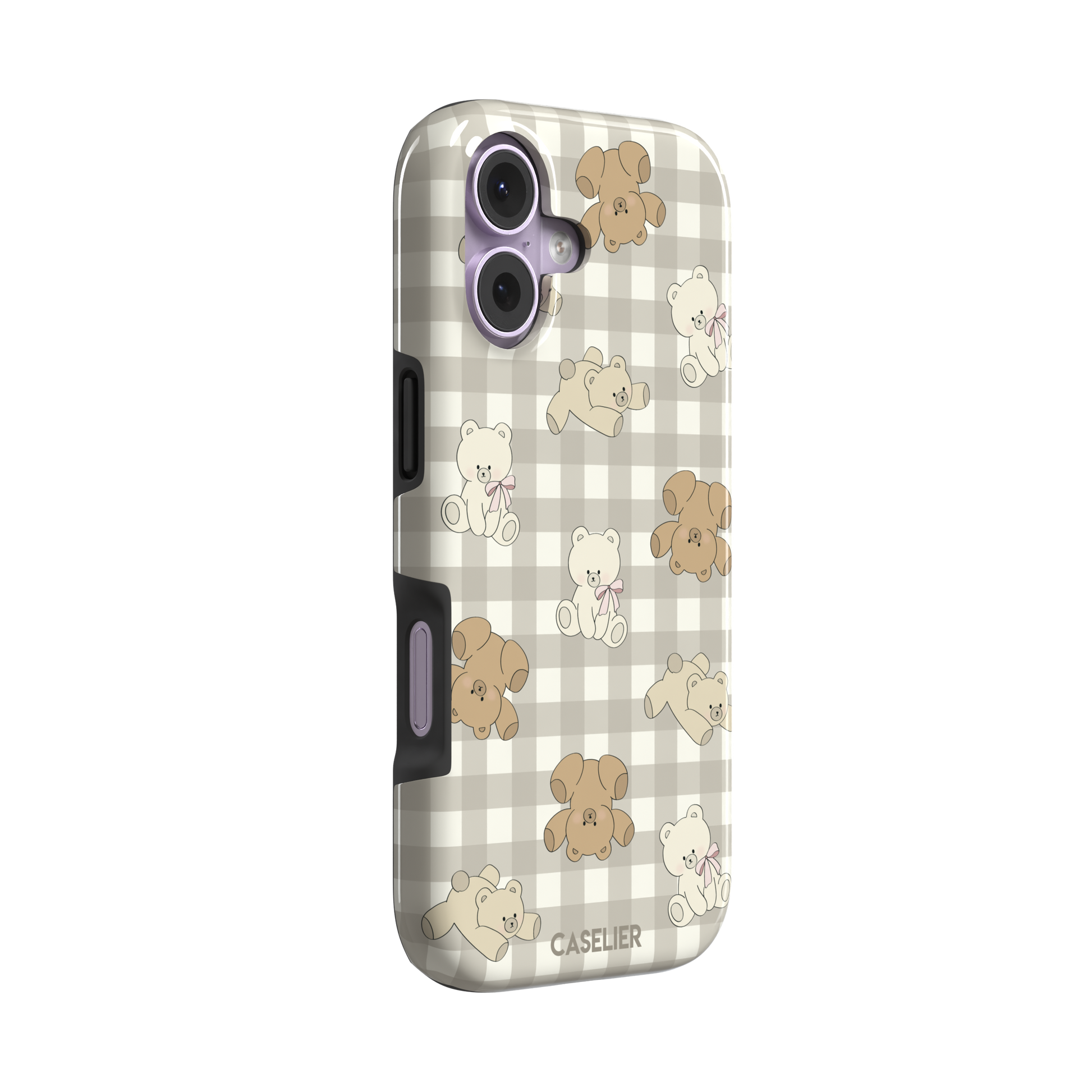 Teddybears phone case in a grey-toned gingham variant with beige and ivory illustrated teddy bears and pink bow details — tough case, left view