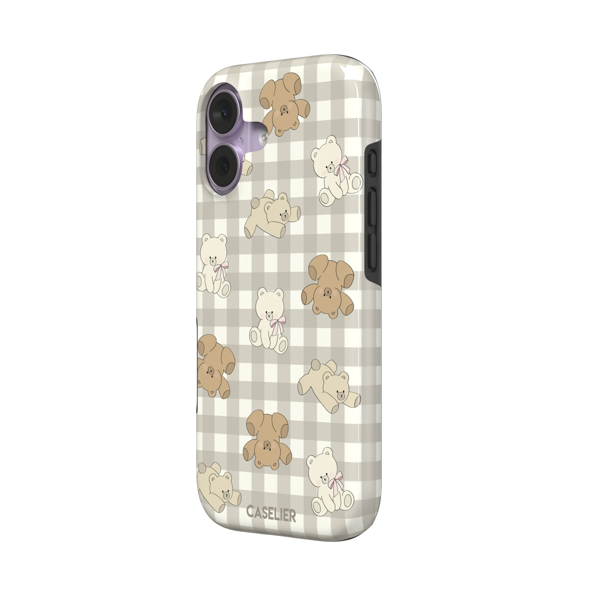 Teddybears phone case in a grey-toned gingham variant with beige and ivory illustrated teddy bears and pink bow details — tough case, right view