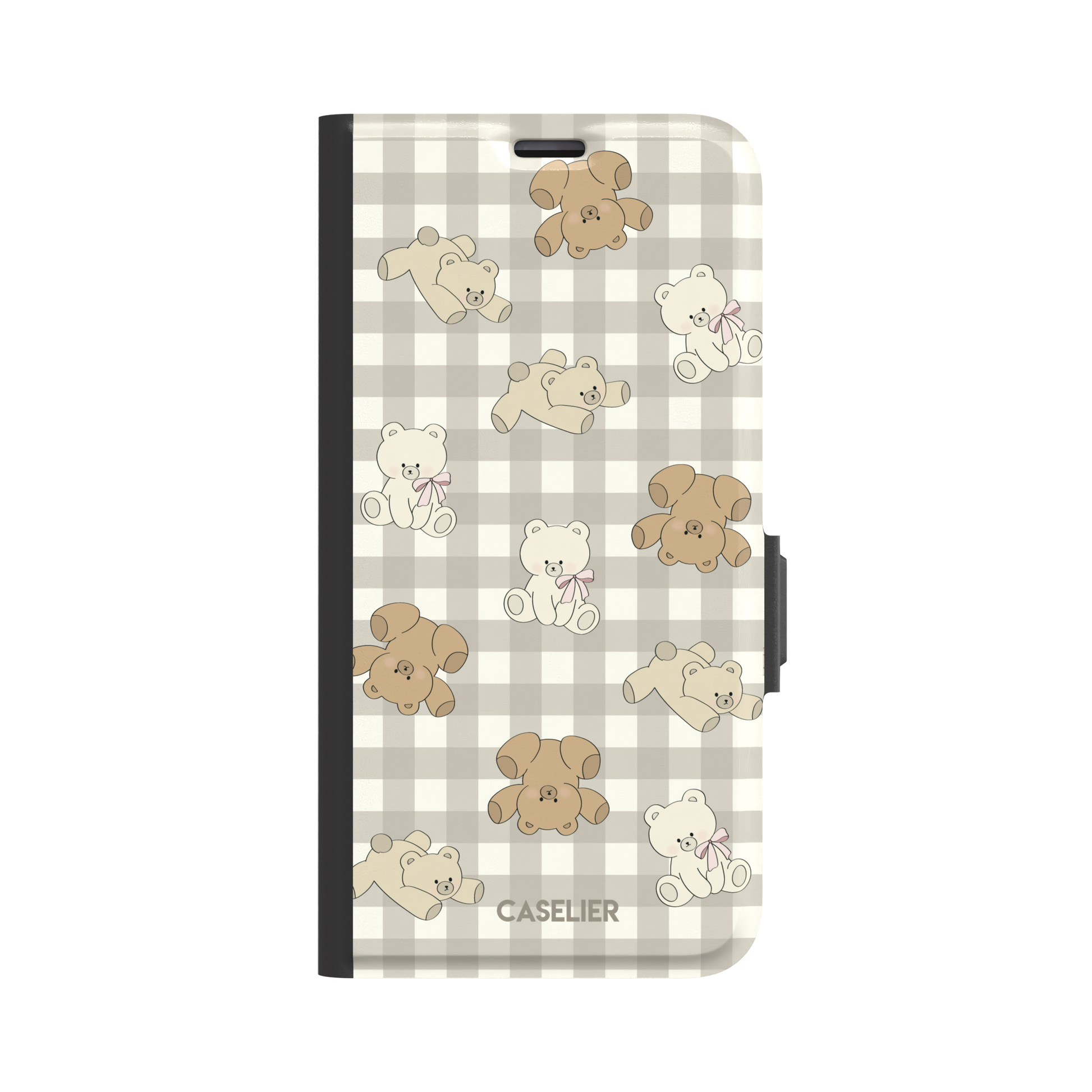Teddybears phone case in a grey-toned gingham variant with beige and ivory illustrated teddy bears and pink bow details — wallet case, front view