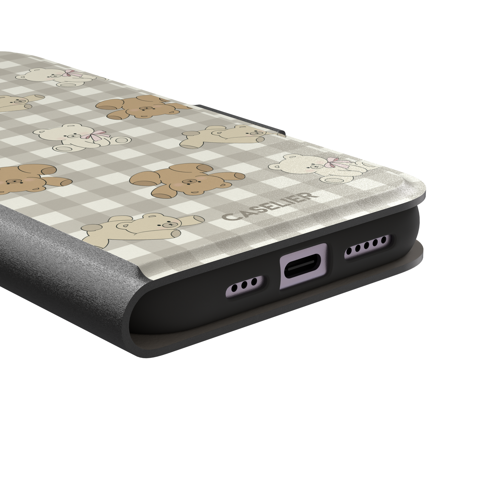 Teddybears phone case in a grey-toned gingham variant with beige and ivory illustrated teddy bears and pink bow details — wallet case, charging port detail
