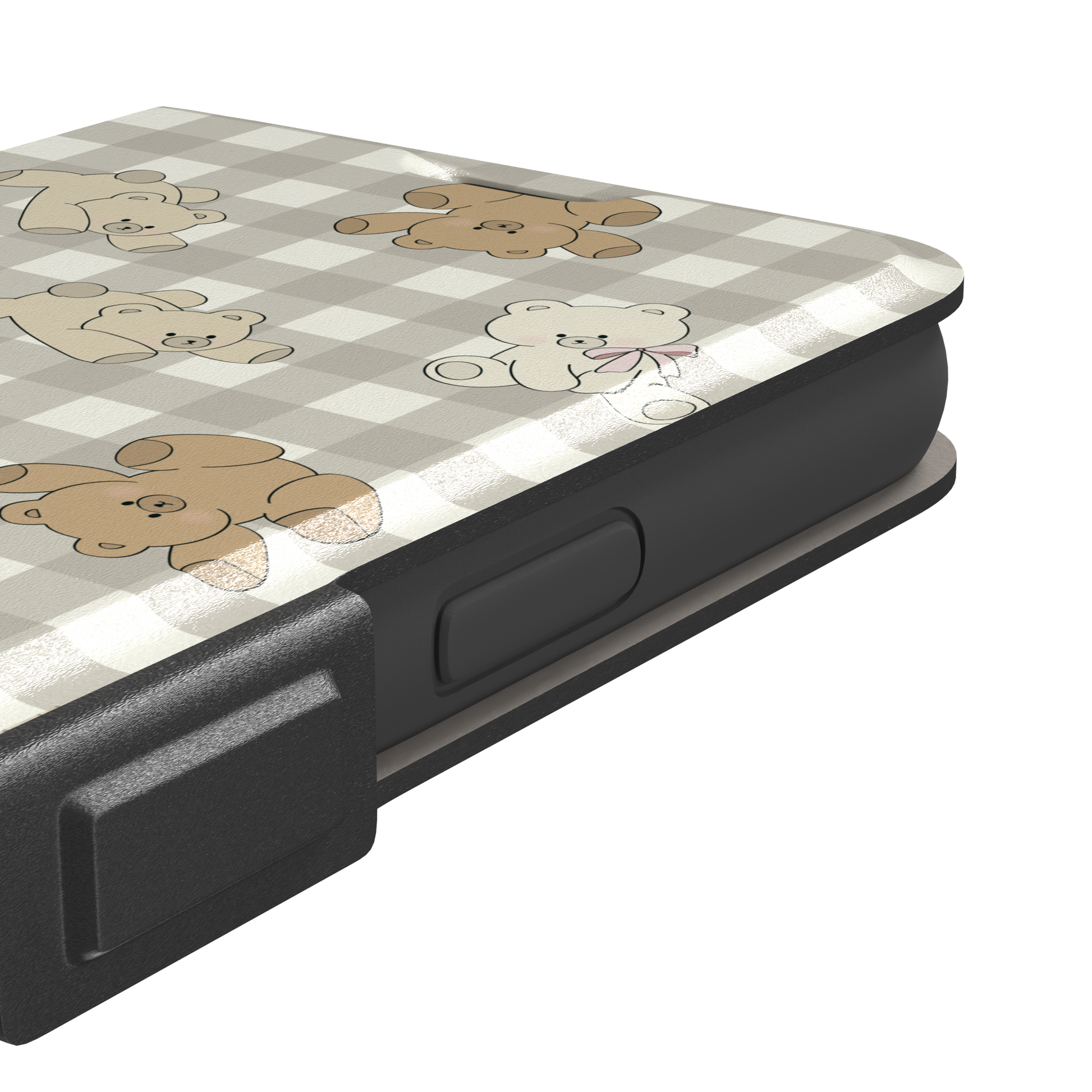 Teddybears phone case in a grey-toned gingham variant with beige and ivory illustrated teddy bears and pink bow details — wallet case, volume buttons detail