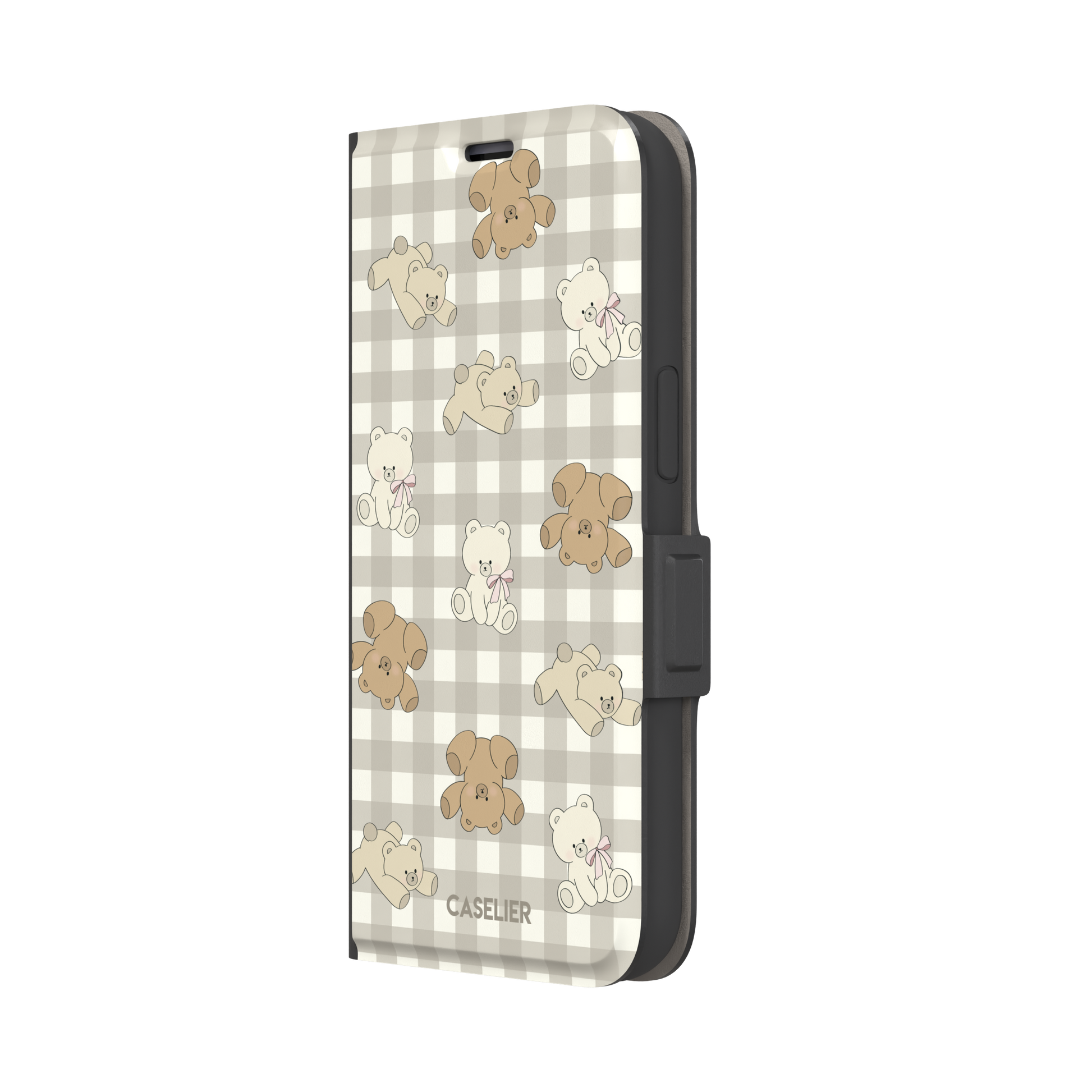 Teddybears phone case in a grey-toned gingham variant with beige and ivory illustrated teddy bears and pink bow details — wallet case, right view