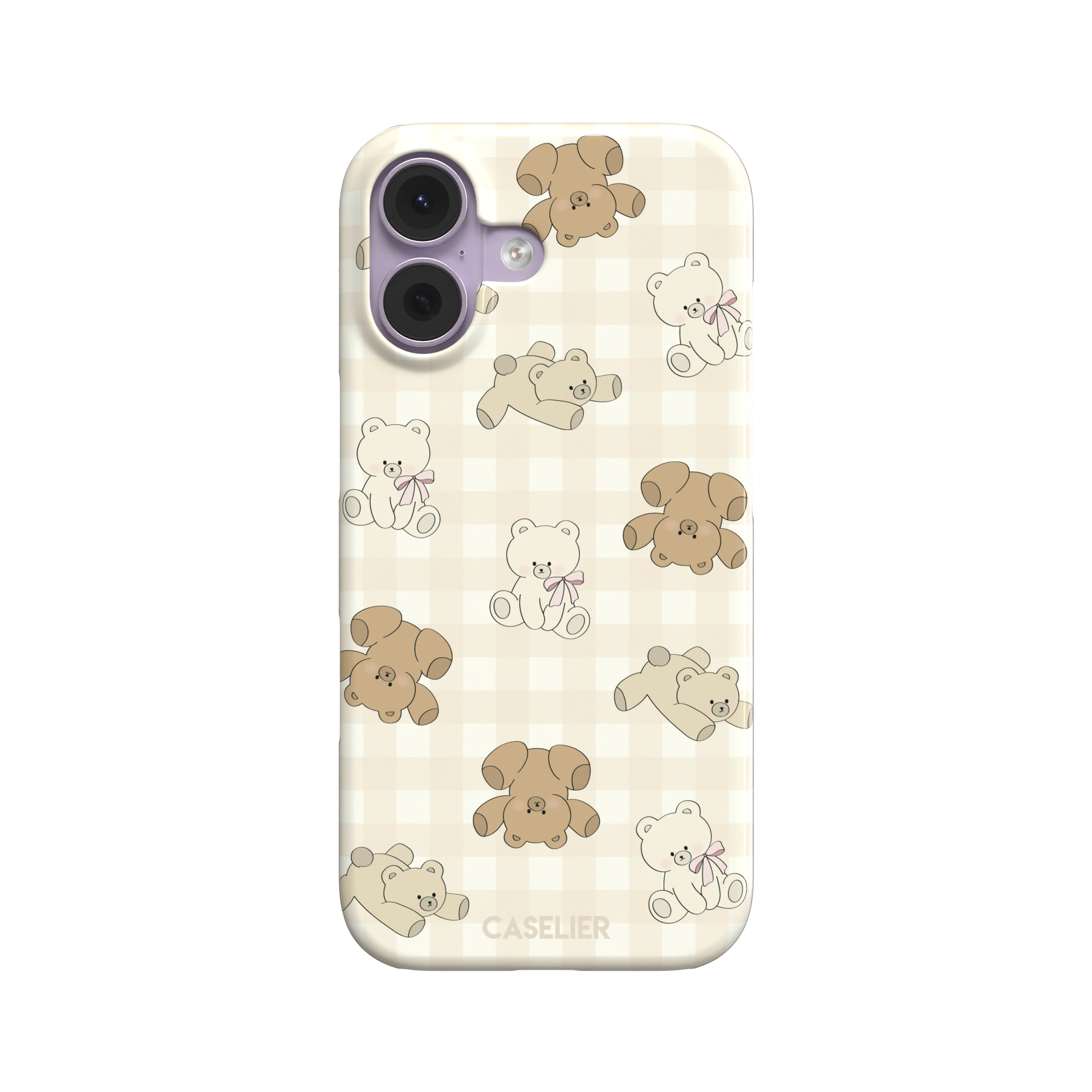 Teddybears phone case in warm cream with illustrated beige and ivory teddy bears scattered over a gingham grid pattern, some bears wearing soft pink bows — snap case, front view