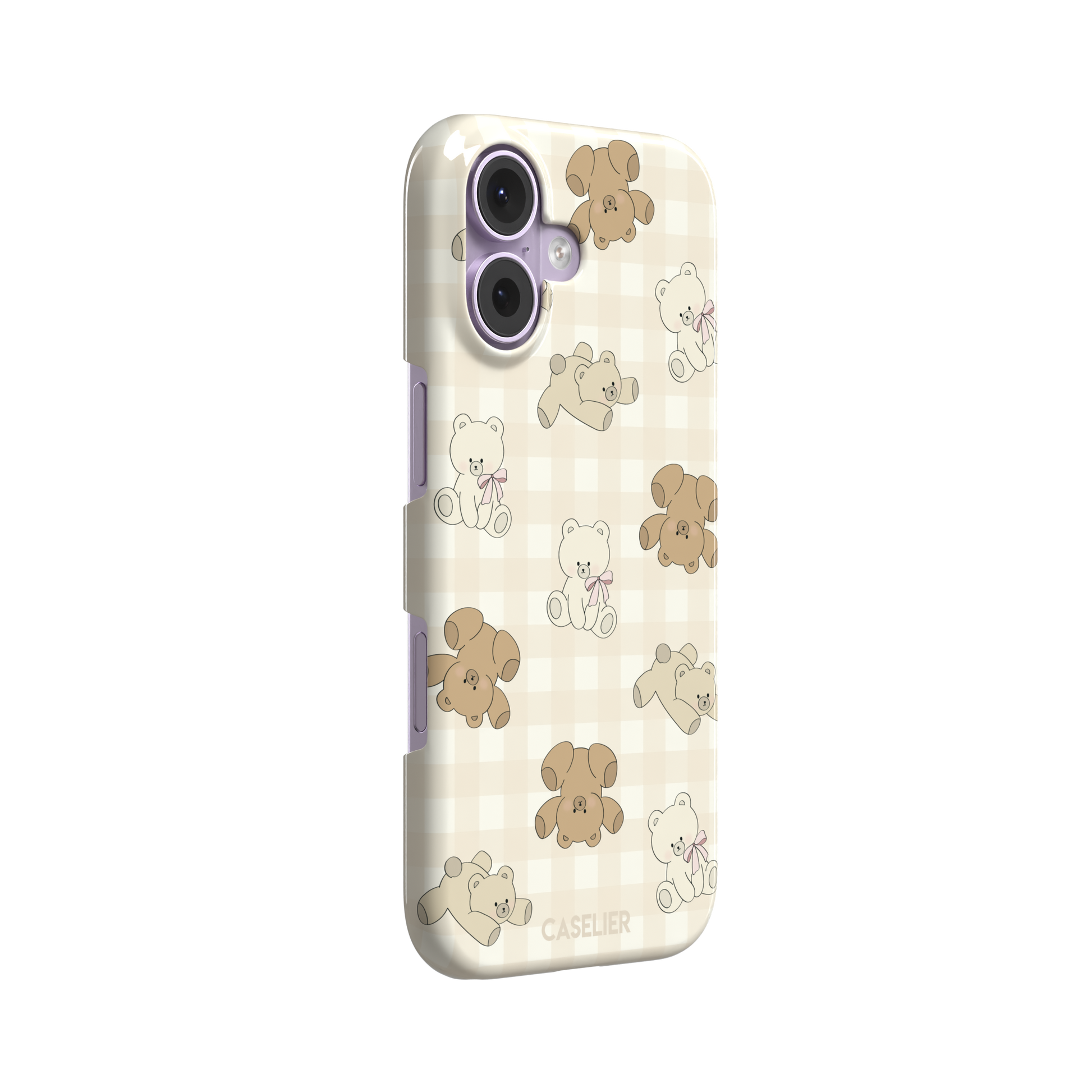 Teddybears phone case in warm cream with illustrated beige and ivory teddy bears scattered over a gingham grid pattern, some bears wearing soft pink bows — snap case, left view