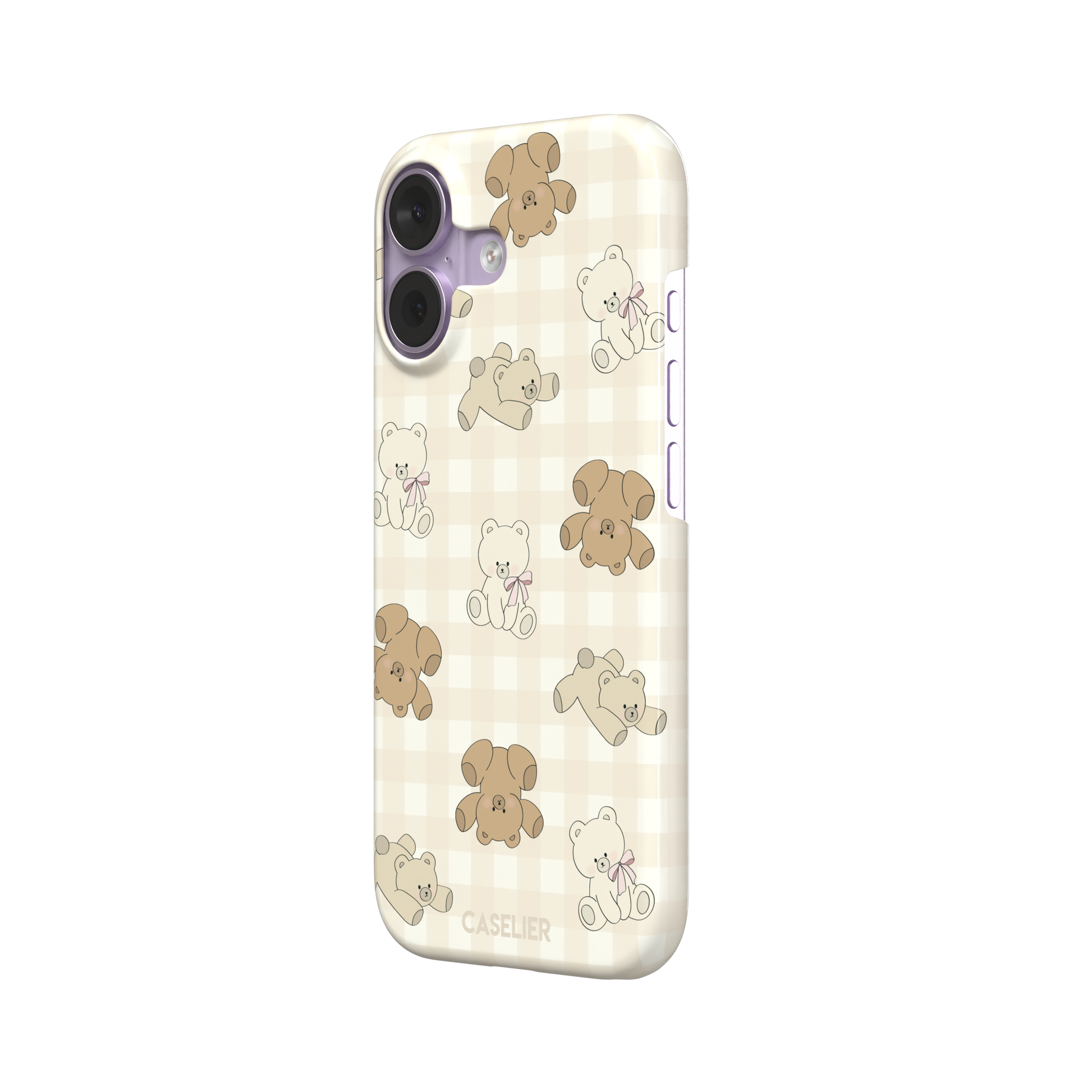 Teddybears phone case in warm cream with illustrated beige and ivory teddy bears scattered over a gingham grid pattern, some bears wearing soft pink bows — snap case, right view