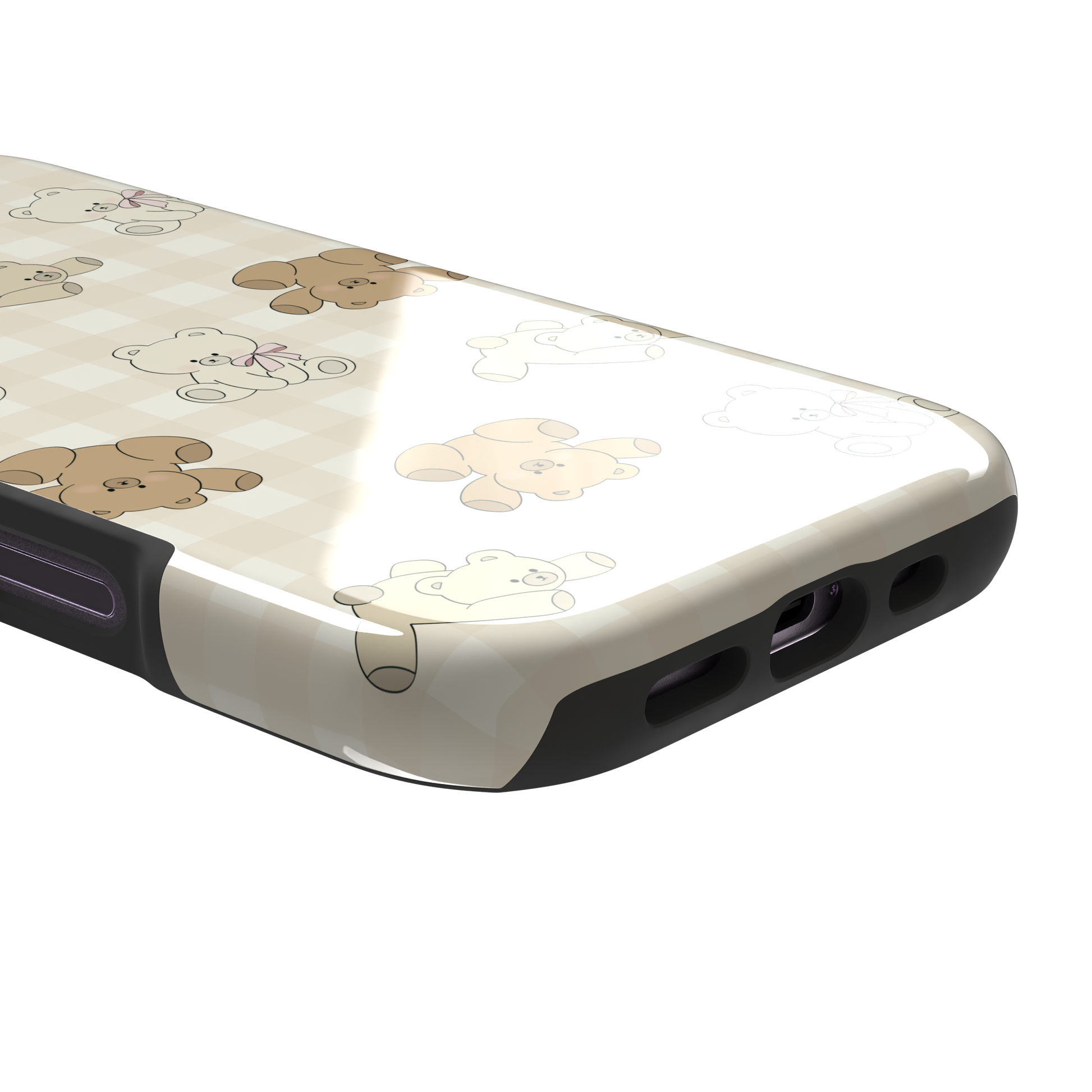 Teddybears phone case in warm cream with illustrated beige and ivory teddy bears scattered over a gingham grid pattern, some bears wearing soft pink bows — tough case, charging port detail
