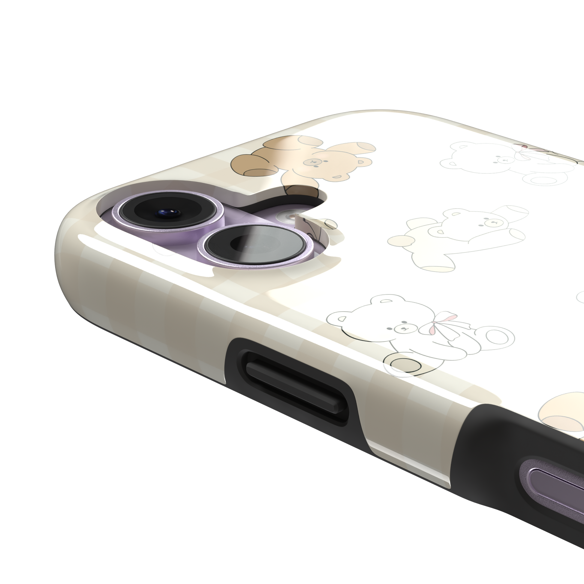 Teddybears phone case in warm cream with illustrated beige and ivory teddy bears scattered over a gingham grid pattern, some bears wearing soft pink bows — tough case, volume buttons detail