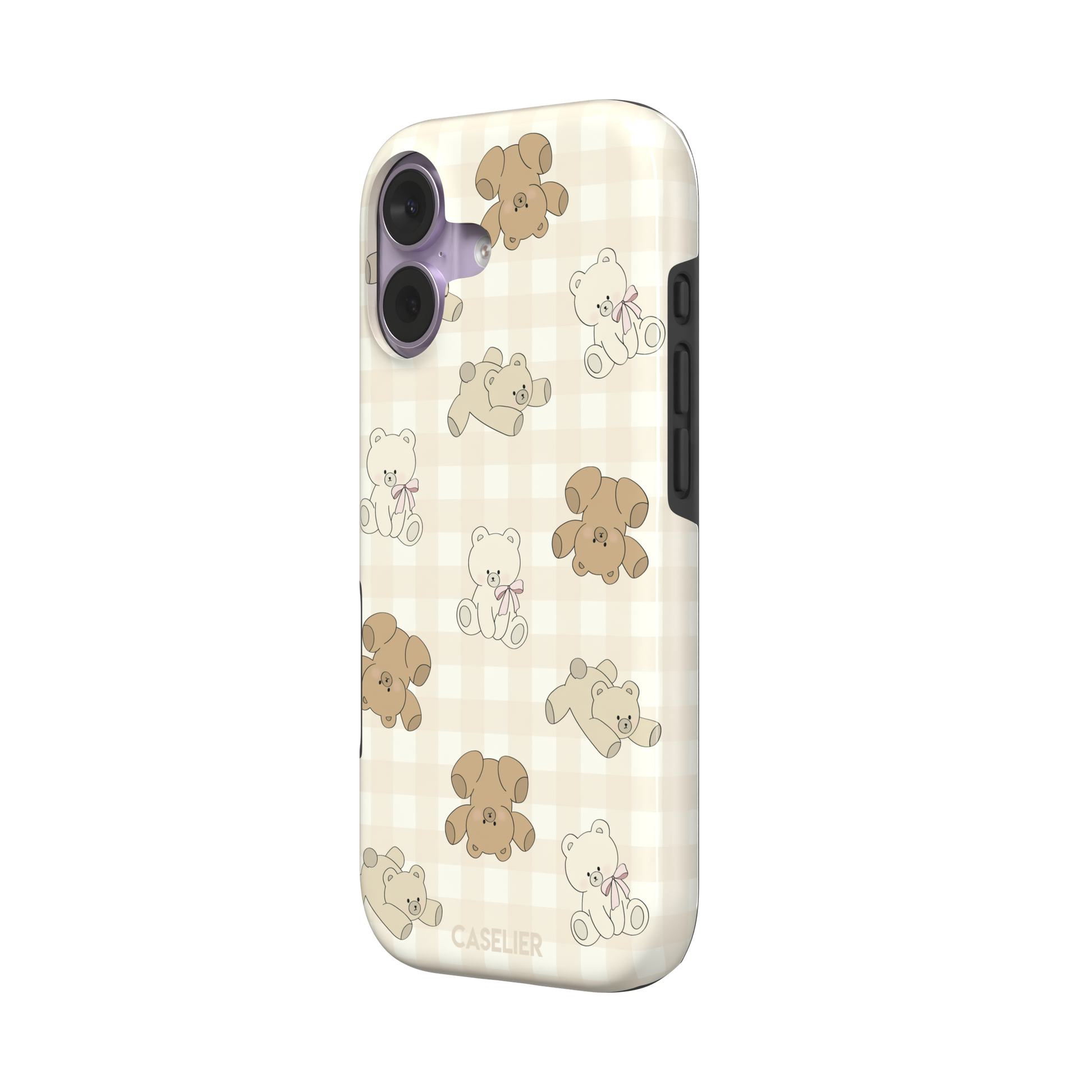 Teddybears phone case in warm cream with illustrated beige and ivory teddy bears scattered over a gingham grid pattern, some bears wearing soft pink bows — tough case, right view