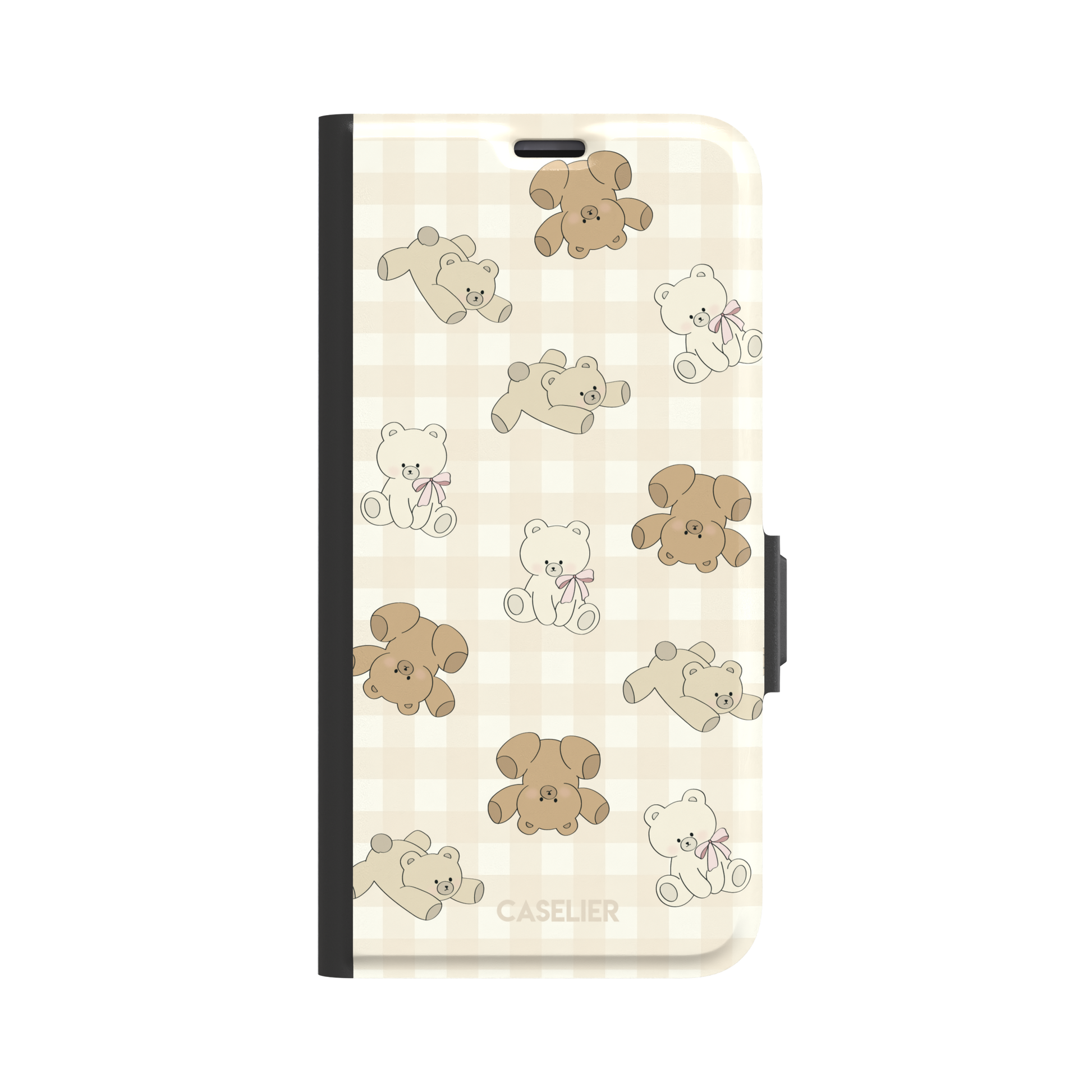 Teddybears phone case in warm cream with illustrated beige and ivory teddy bears scattered over a gingham grid pattern, some bears wearing soft pink bows — wallet case, front view