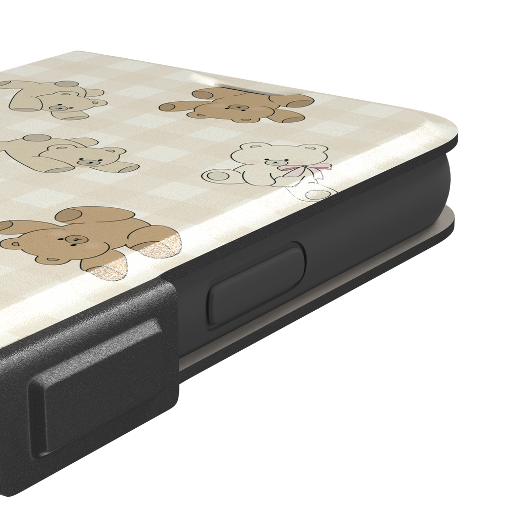 Teddybears phone case in warm cream with illustrated beige and ivory teddy bears scattered over a gingham grid pattern, some bears wearing soft pink bows — wallet case, volume buttons detail