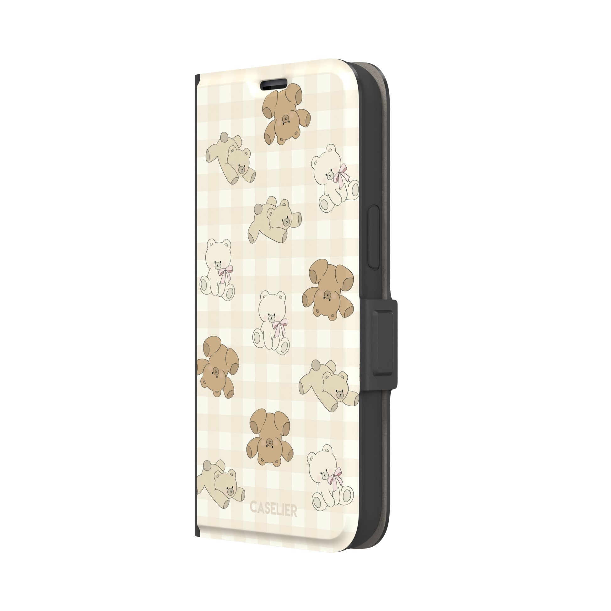 Teddybears phone case in warm cream with illustrated beige and ivory teddy bears scattered over a gingham grid pattern, some bears wearing soft pink bows — wallet case, right view